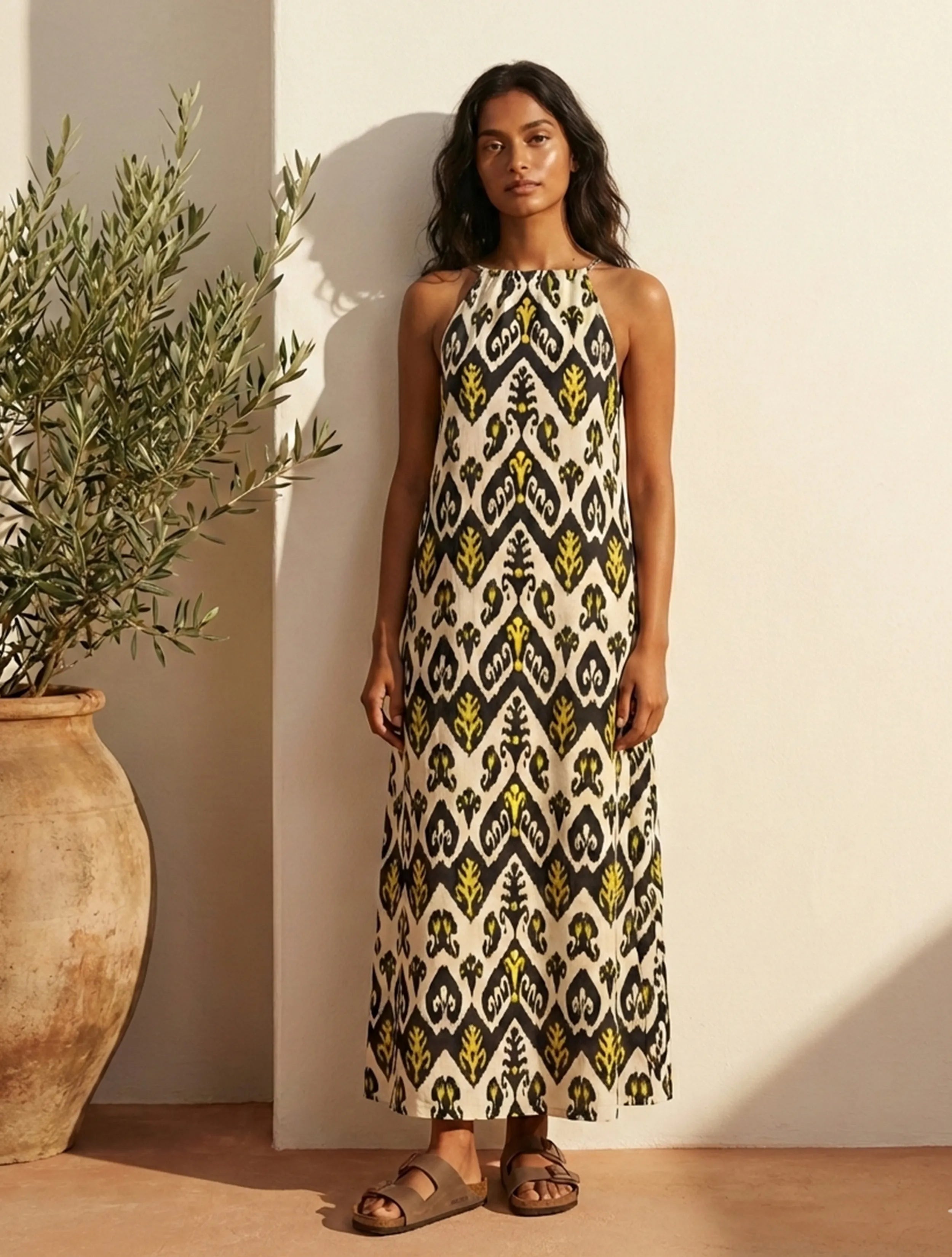 trueBrowns Black White Ikat Print Cotton Mull Long Dress