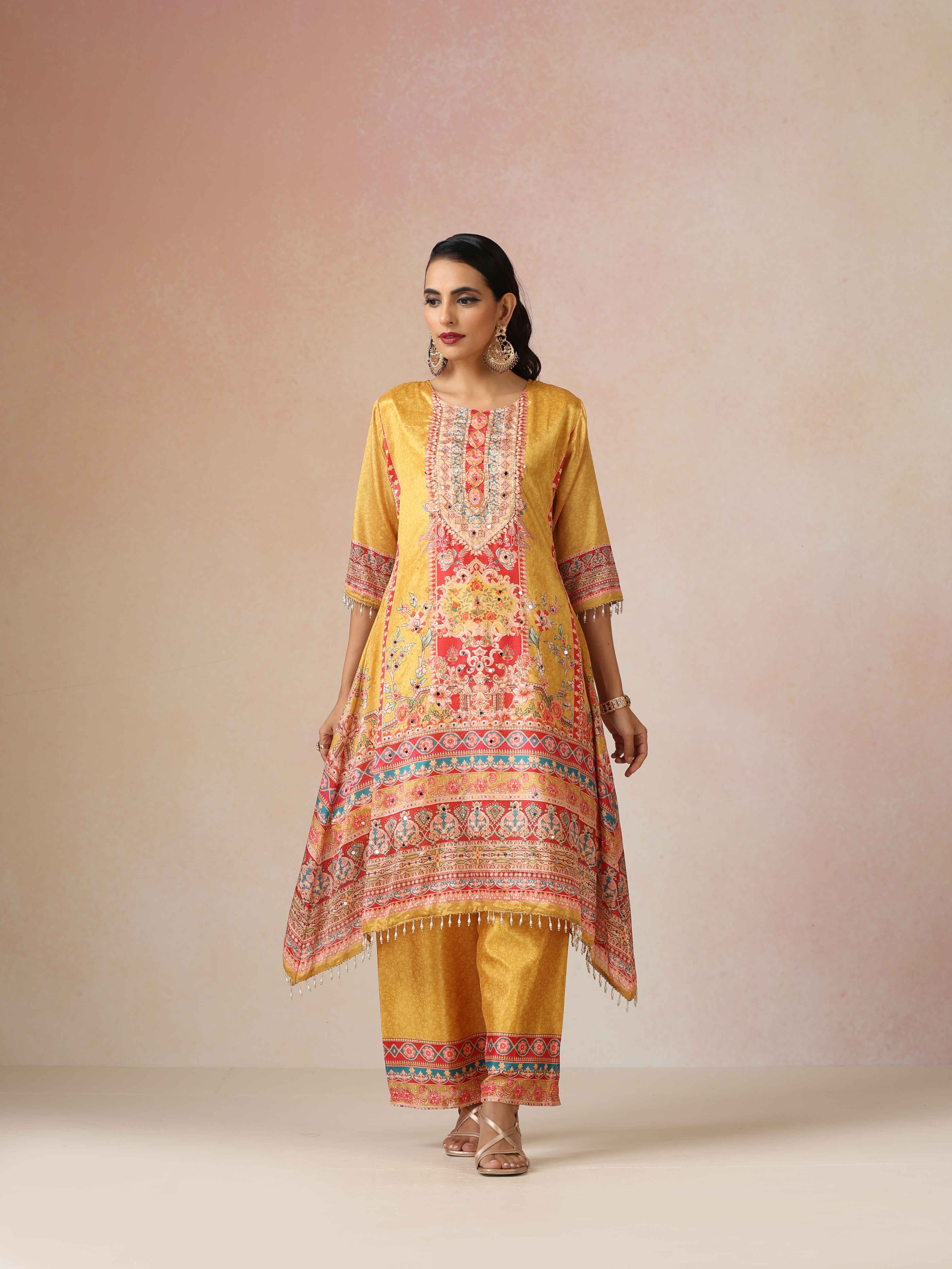 trueBrowns Yellow Print A-Line Kurta 3pc Set