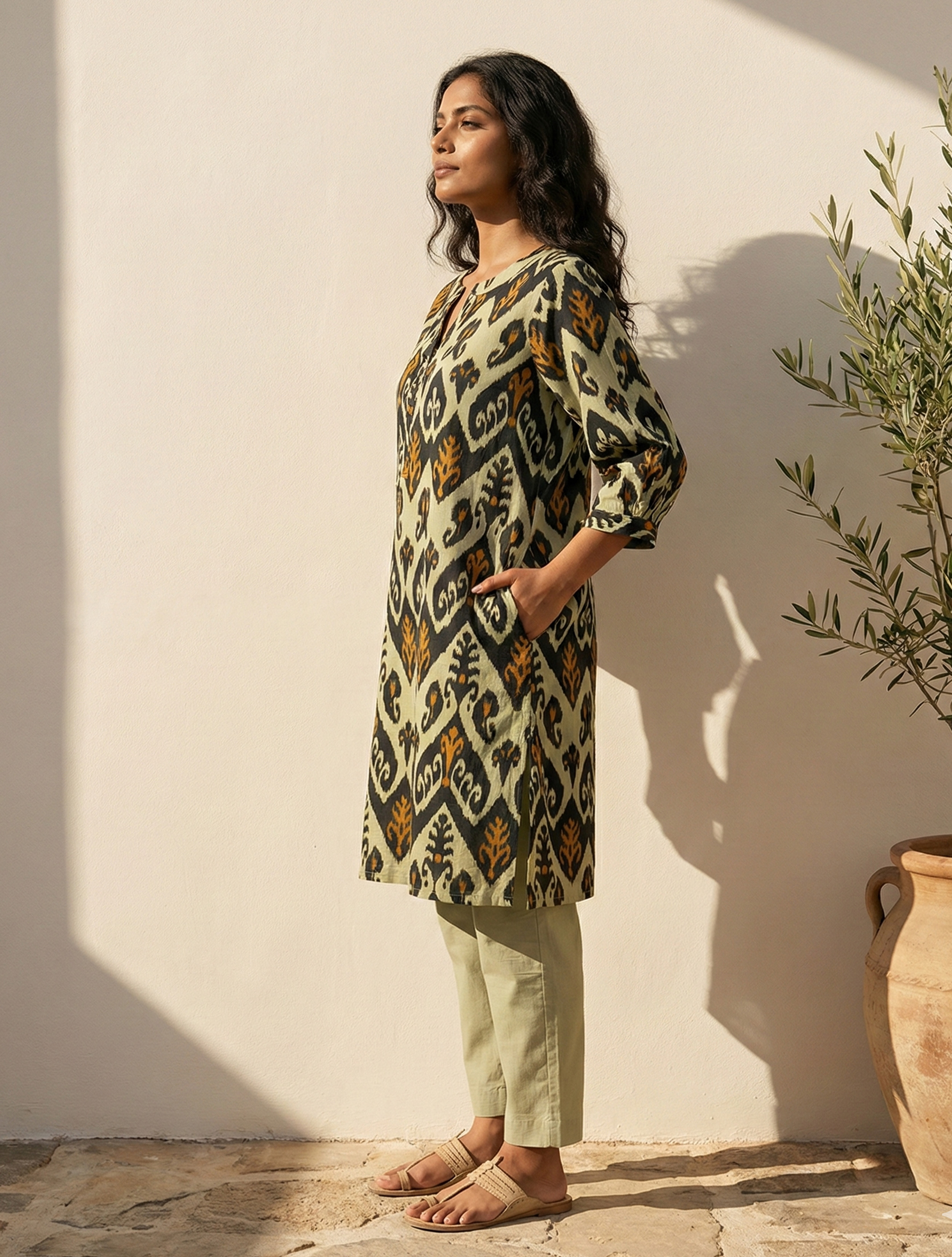 trueBrowns Mint Green Ikat Print Cotton Relaxed Kurta Co-Ord Set