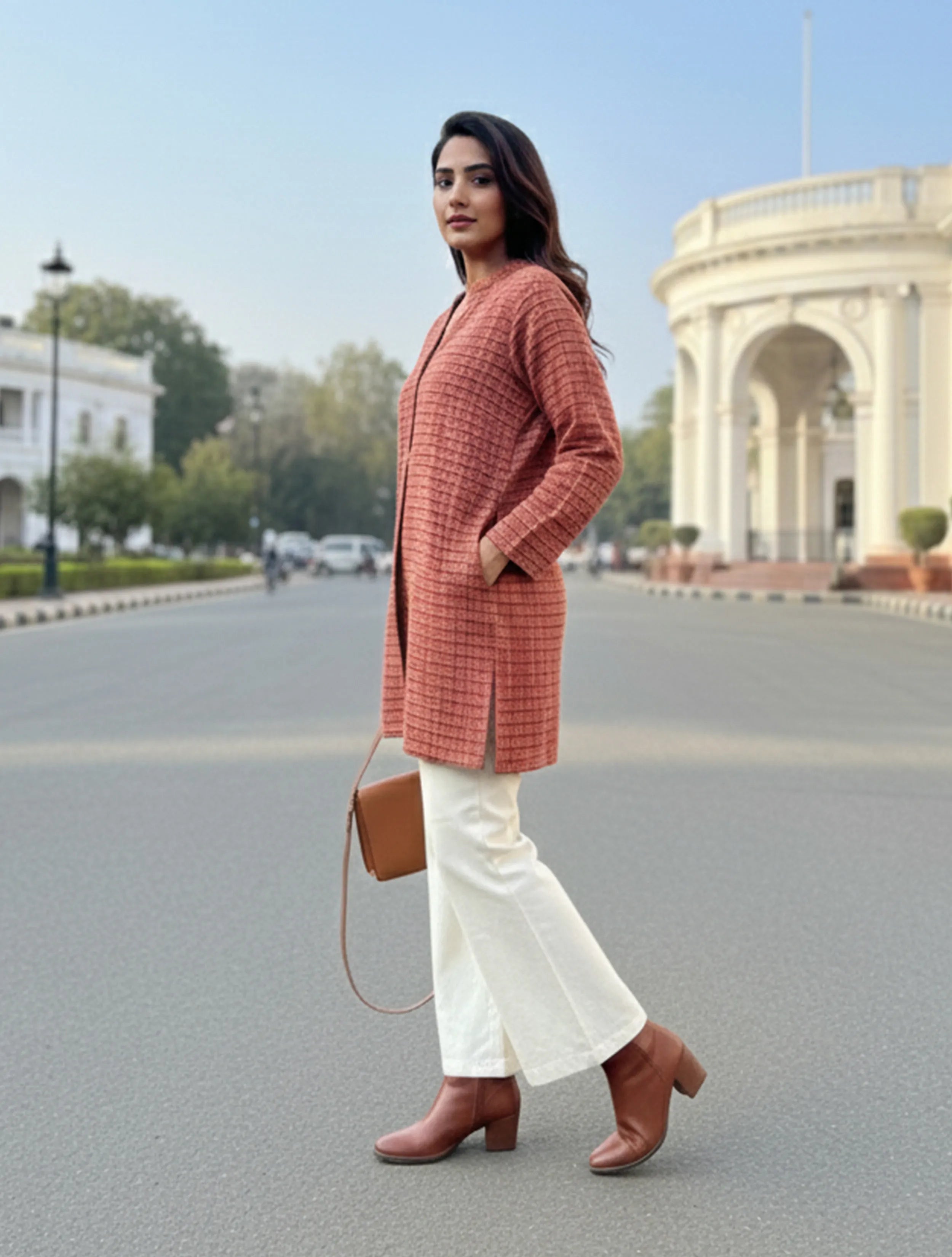 trueBrowns Maroon Check Round V-Neck Top