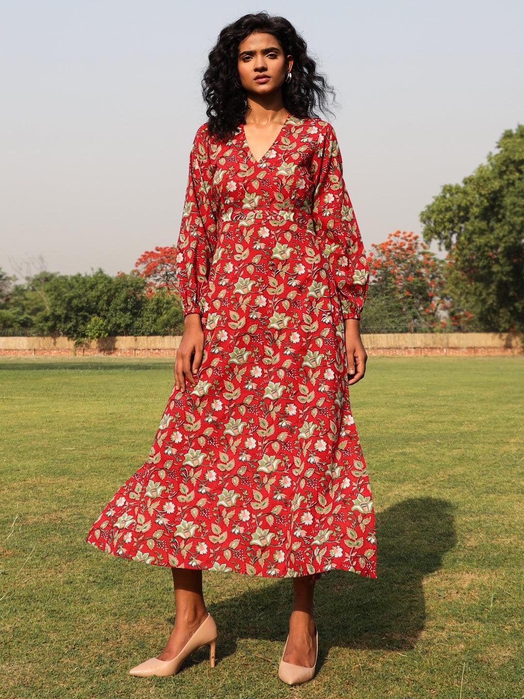 Red Cotton Block Print Backless Dress - trueBrowns