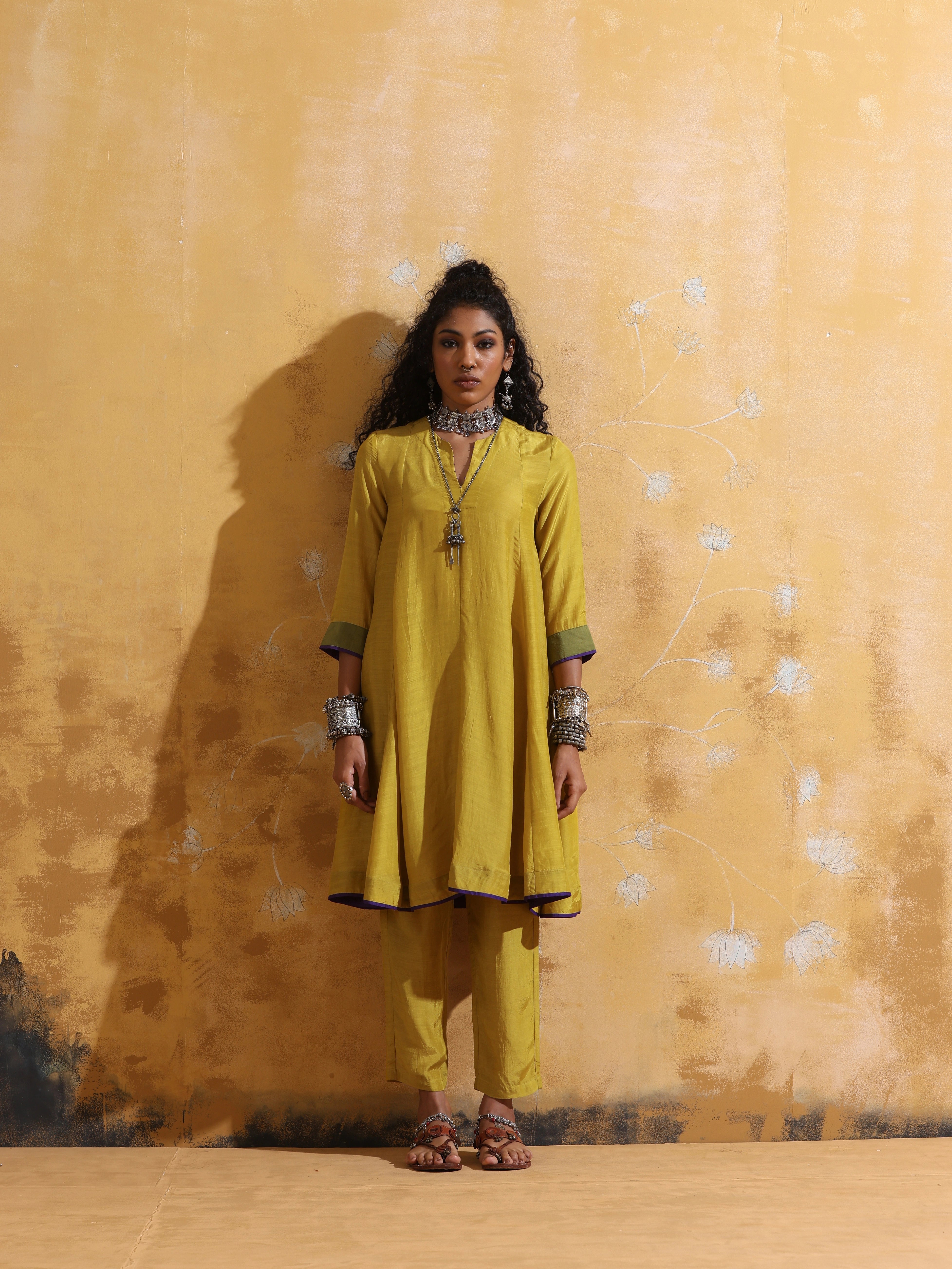 trueBrowns Lime Muslin Silk Flared Kurta Co-ord Set