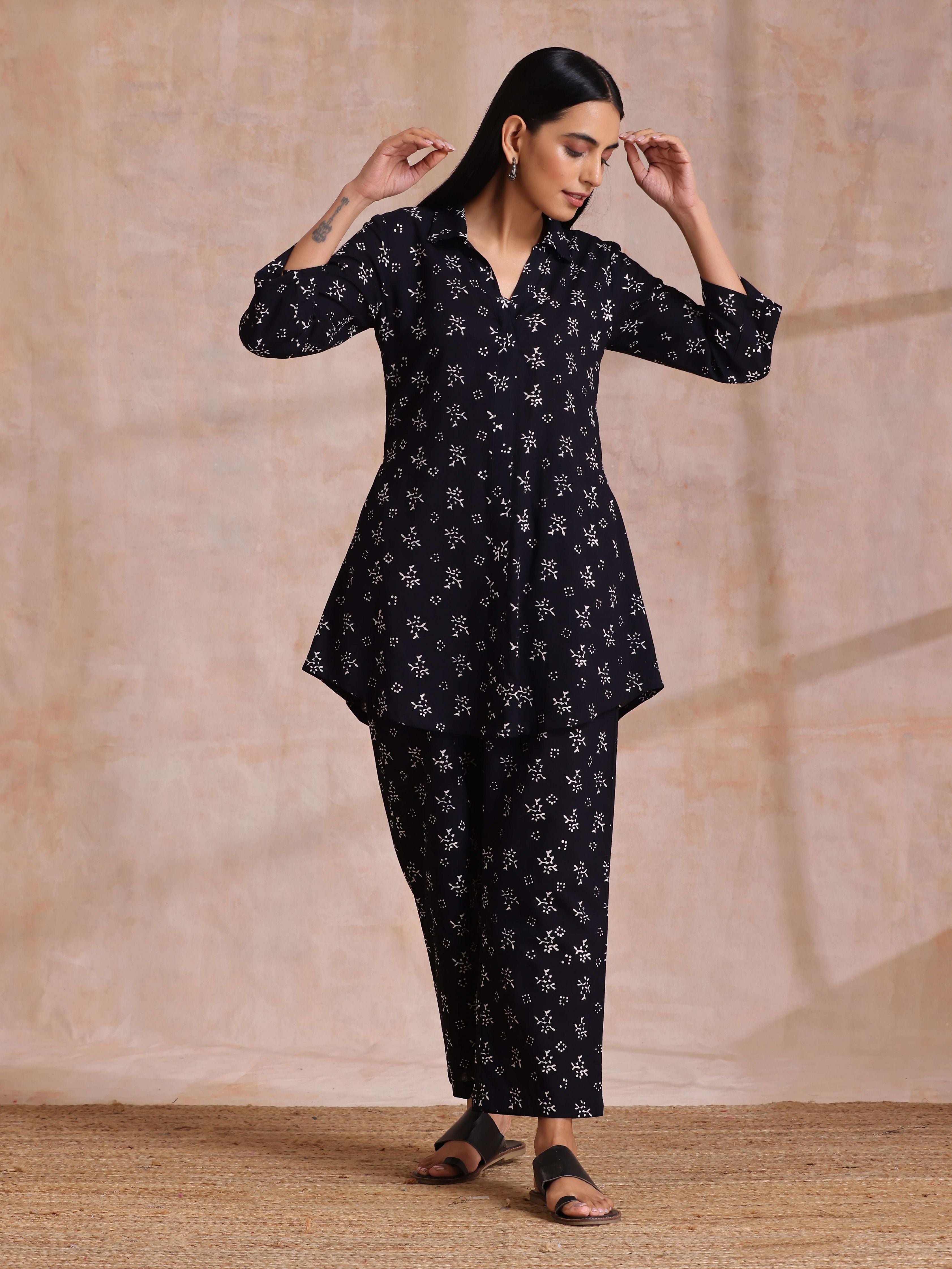 Black White Floral Print Cotton Collar Short Co-Ord Set
