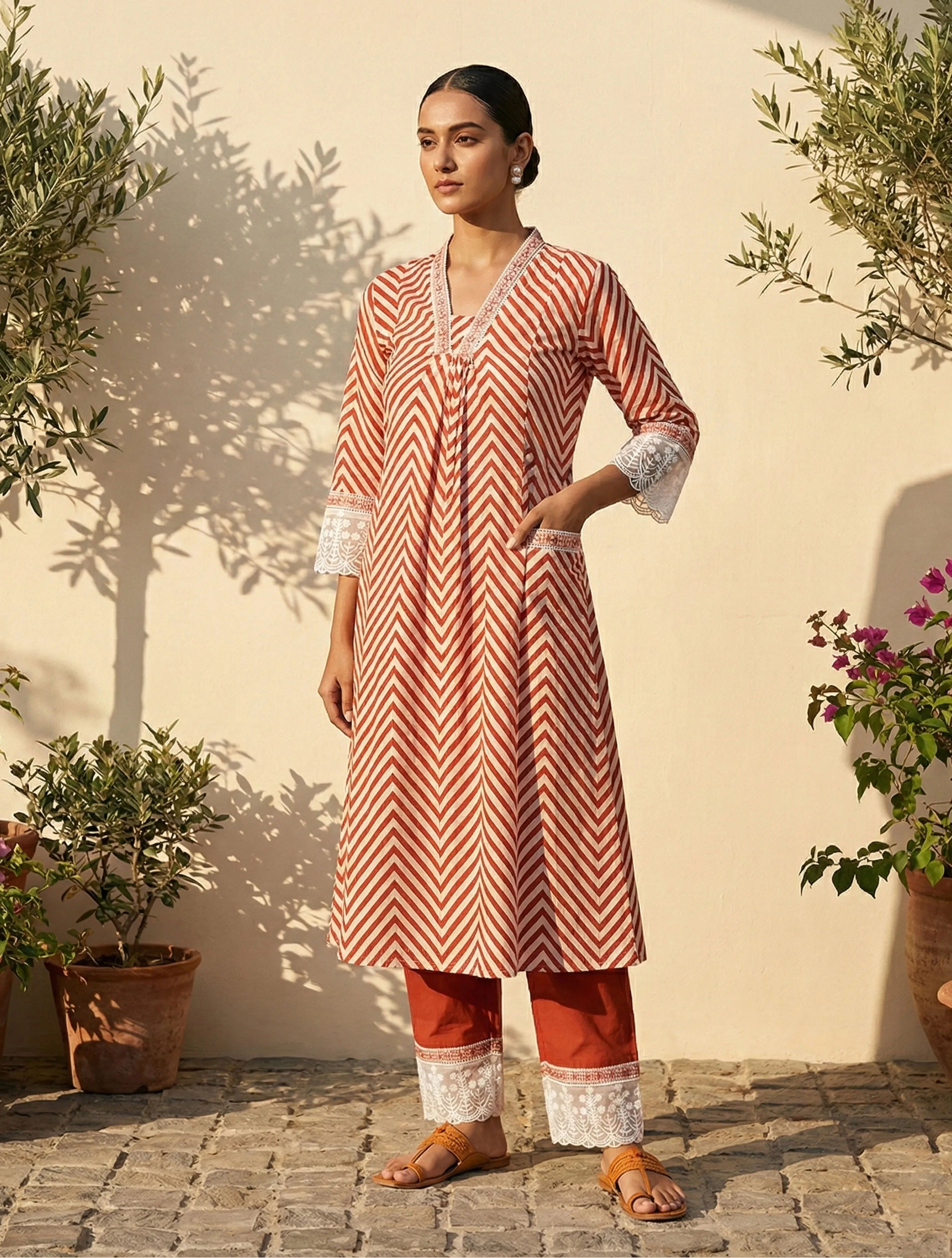 trueBrowns Rust Chevron Print Kurta Pant Dupatta Set