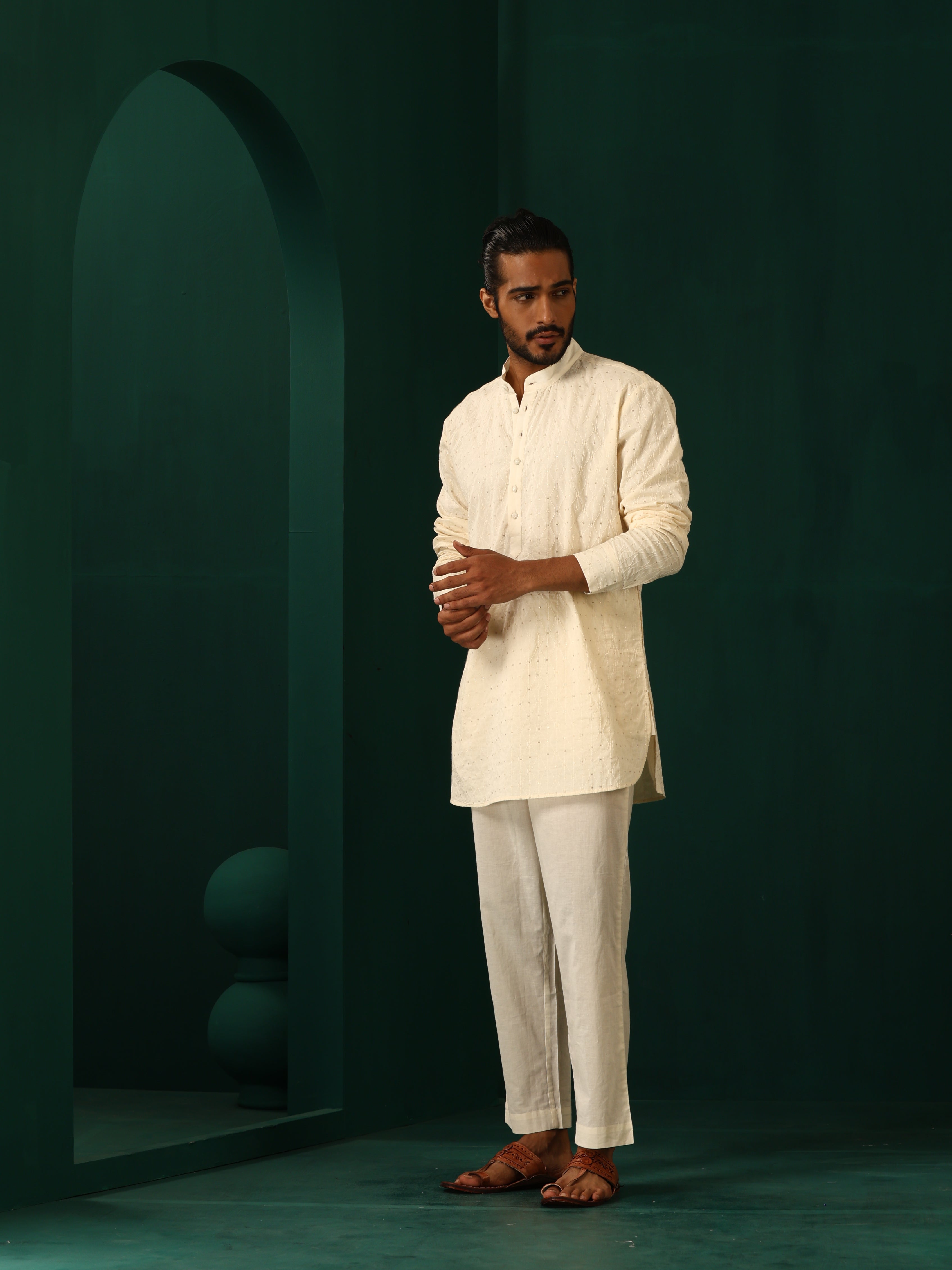 trueBrowns Men Ivory Embroidered Co-ord Set