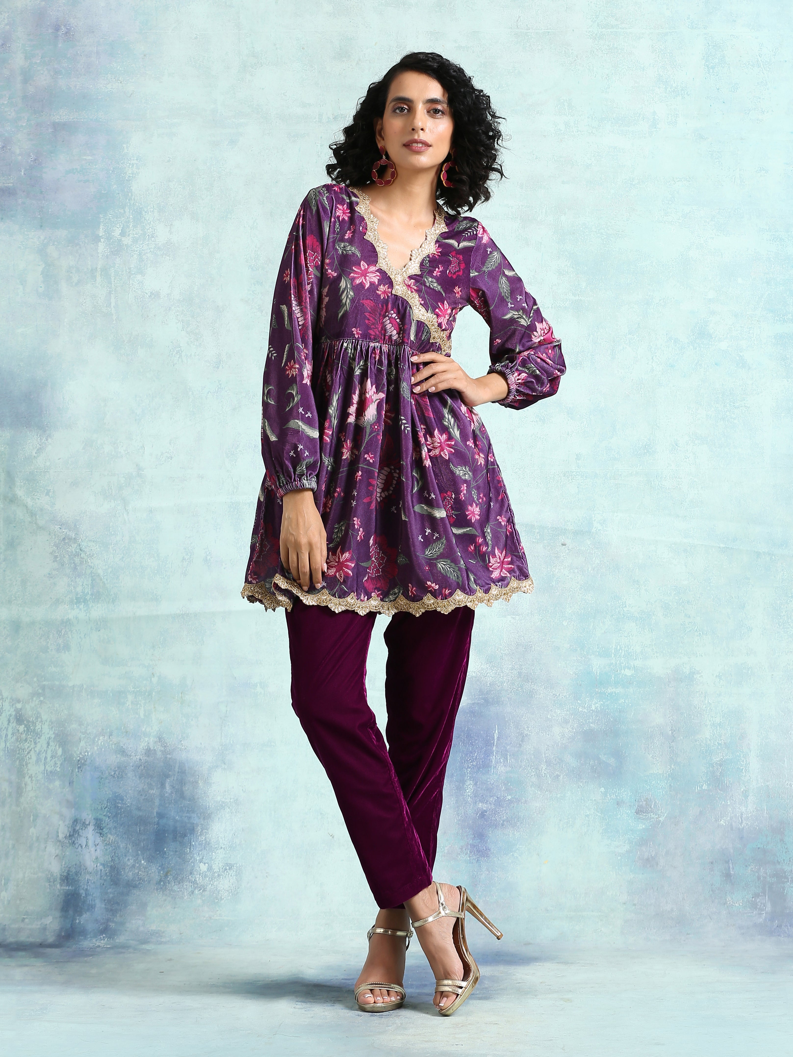 Wine Printed Velvet Lace Co-Ord Set