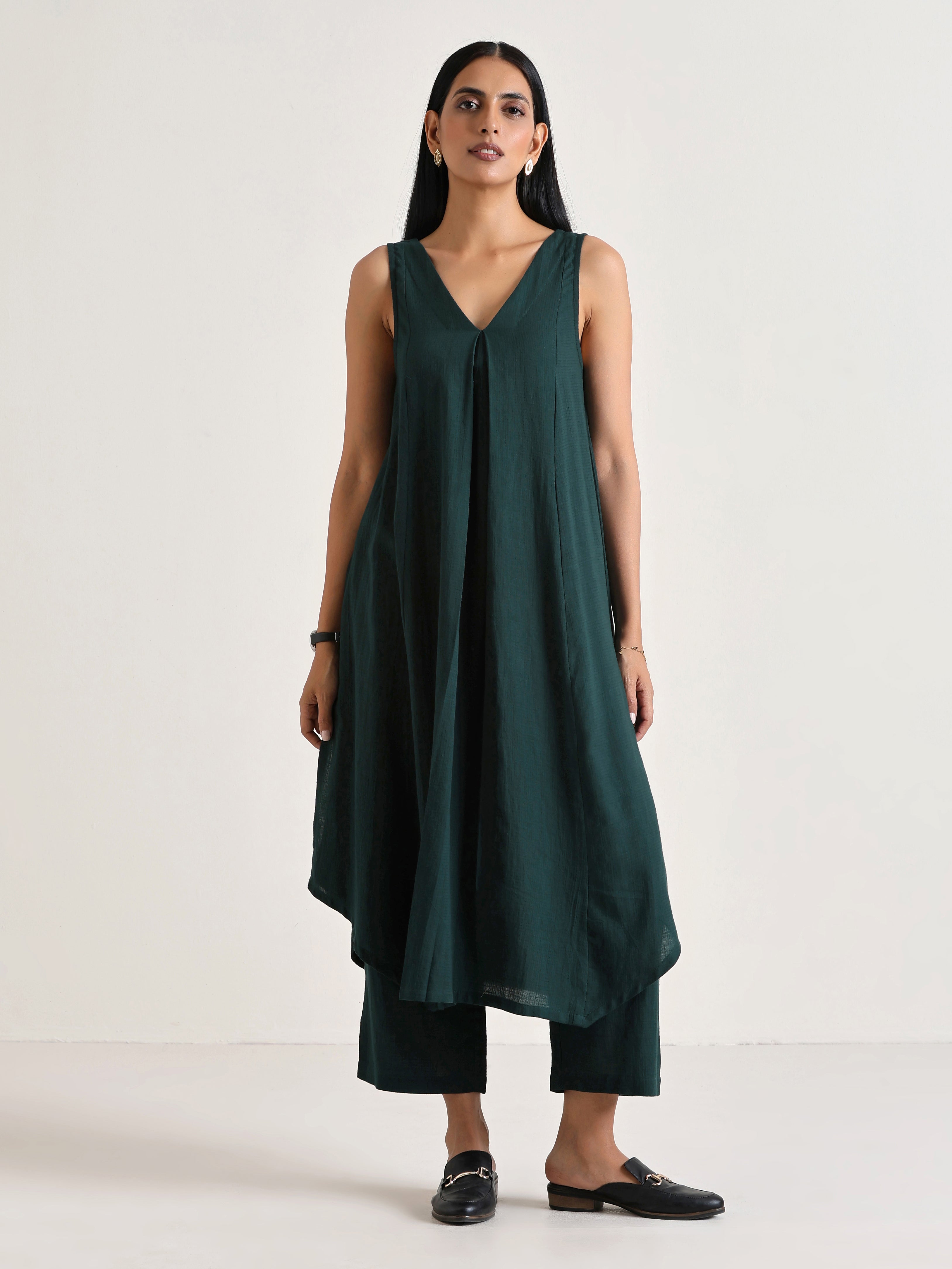 Dark Green Sleeveless Flared Kurta Pant Set