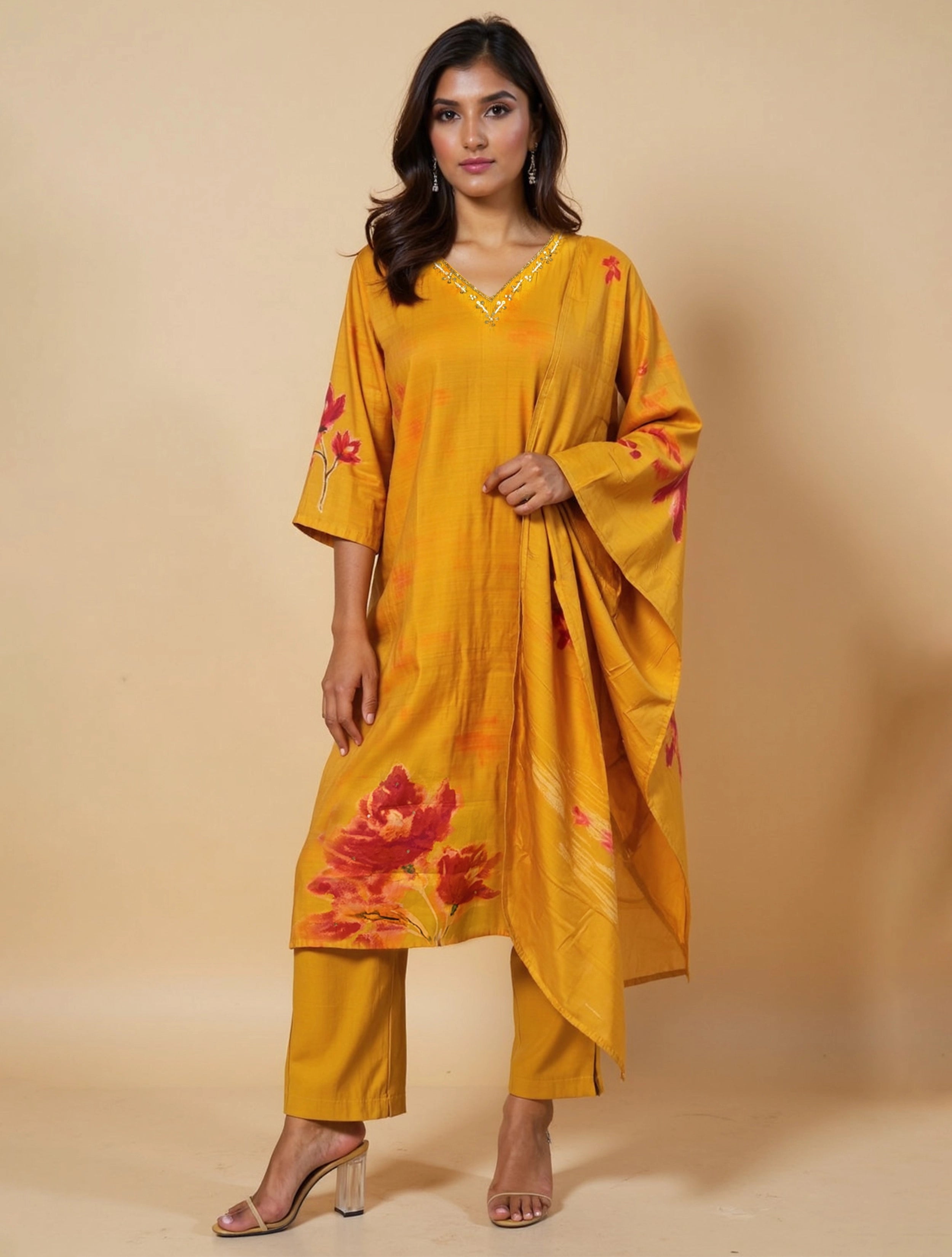 trueBrowns Lime Floral Print Kurta Pant Dupatta Set