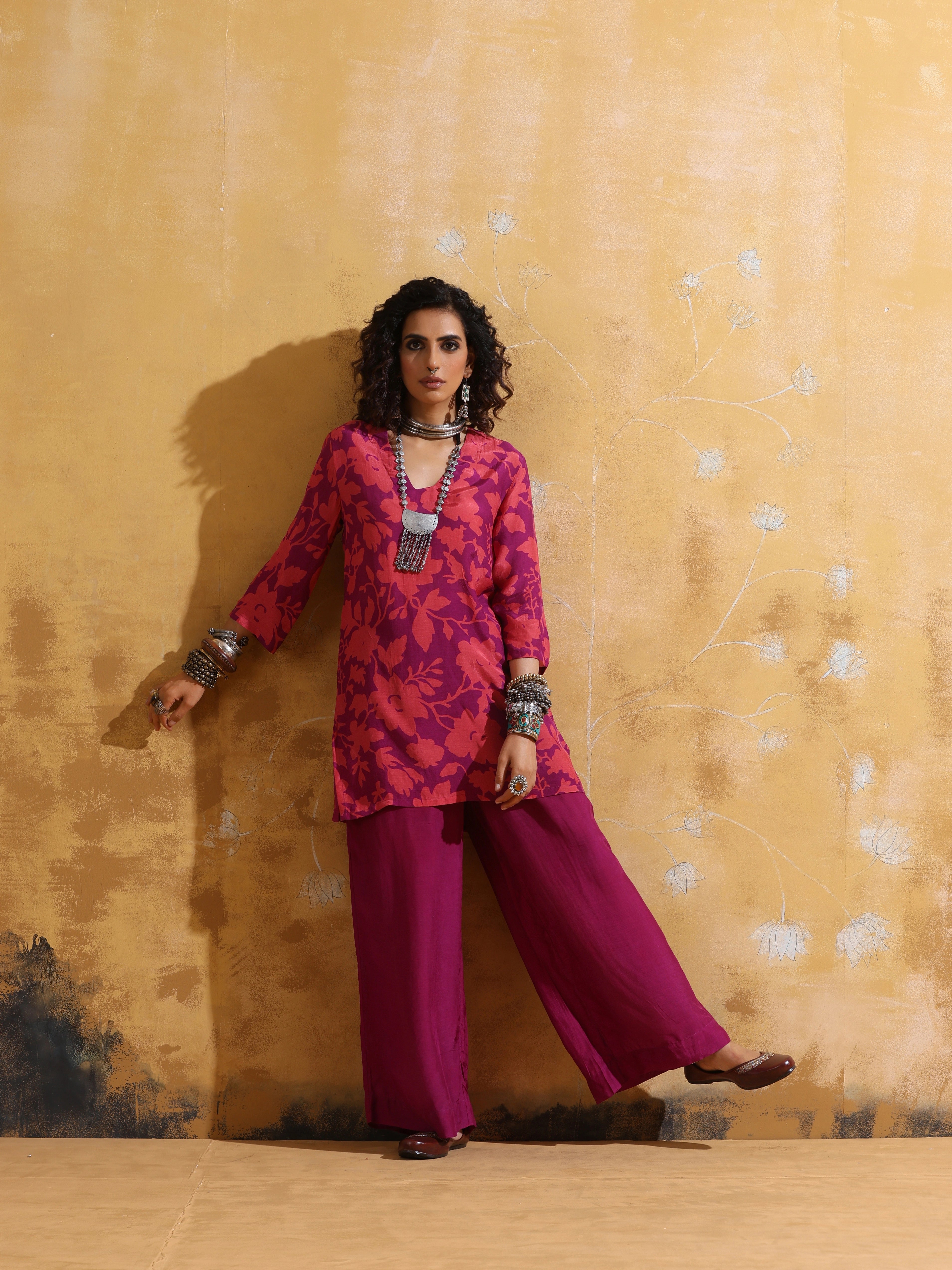 trueBrowns Purple Peach Jaal Print Muslin Silk Flared Pants Co-ord Set