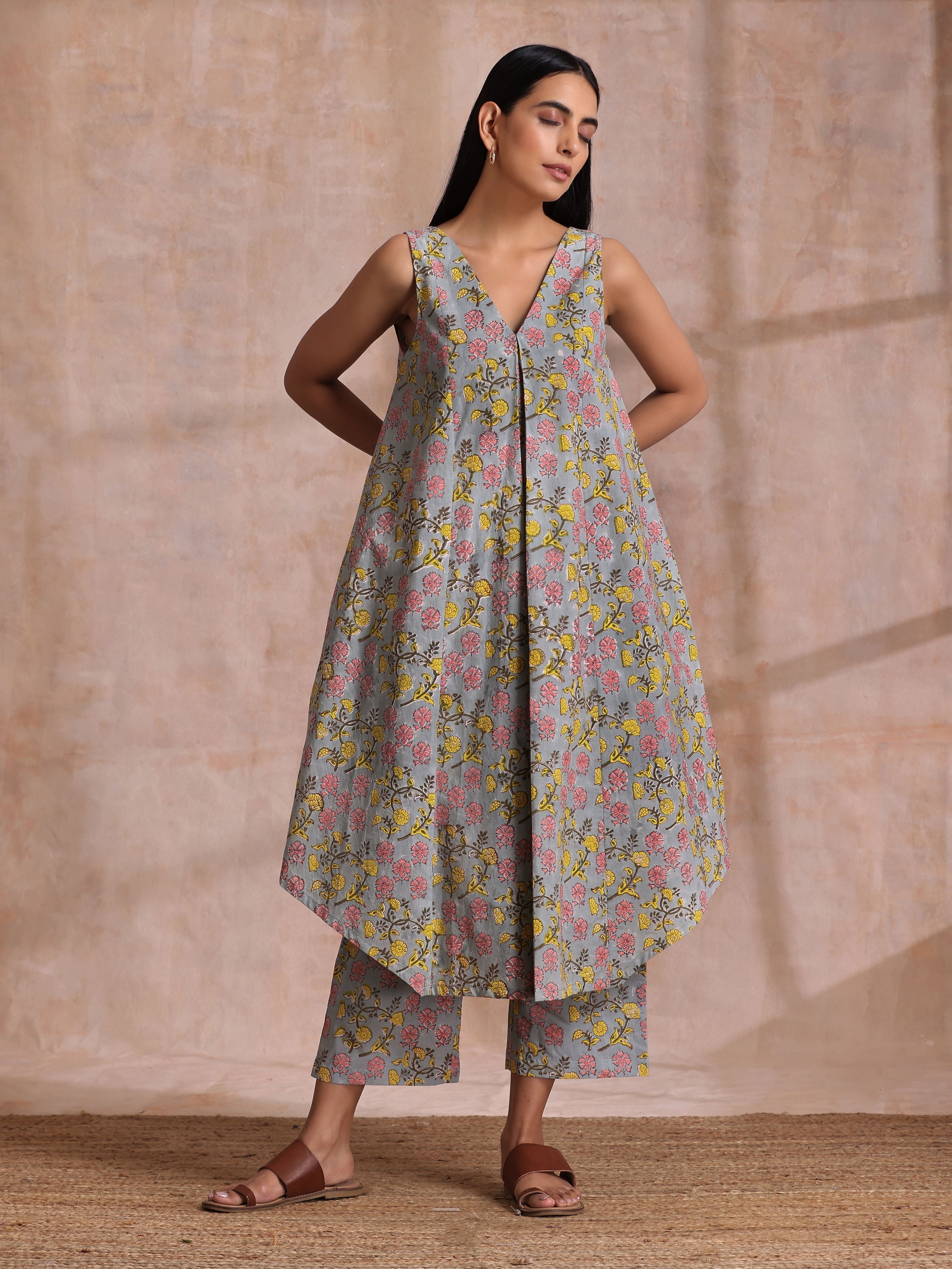 Grey Overall Floral Block Print Cotton Sleeveless Flared Kurta Pant Set