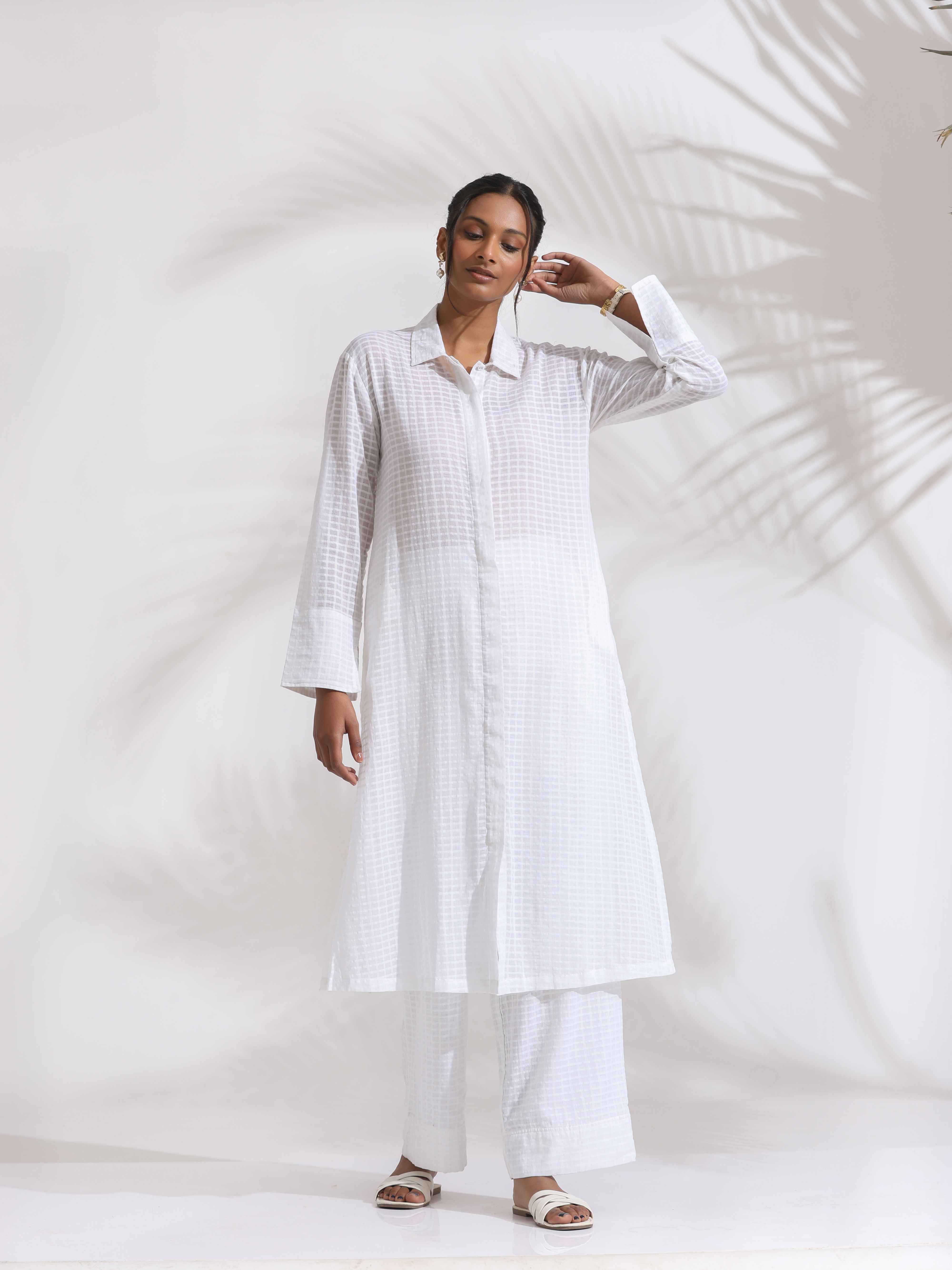 trueBrowns White Check Cotton Kurta Set
