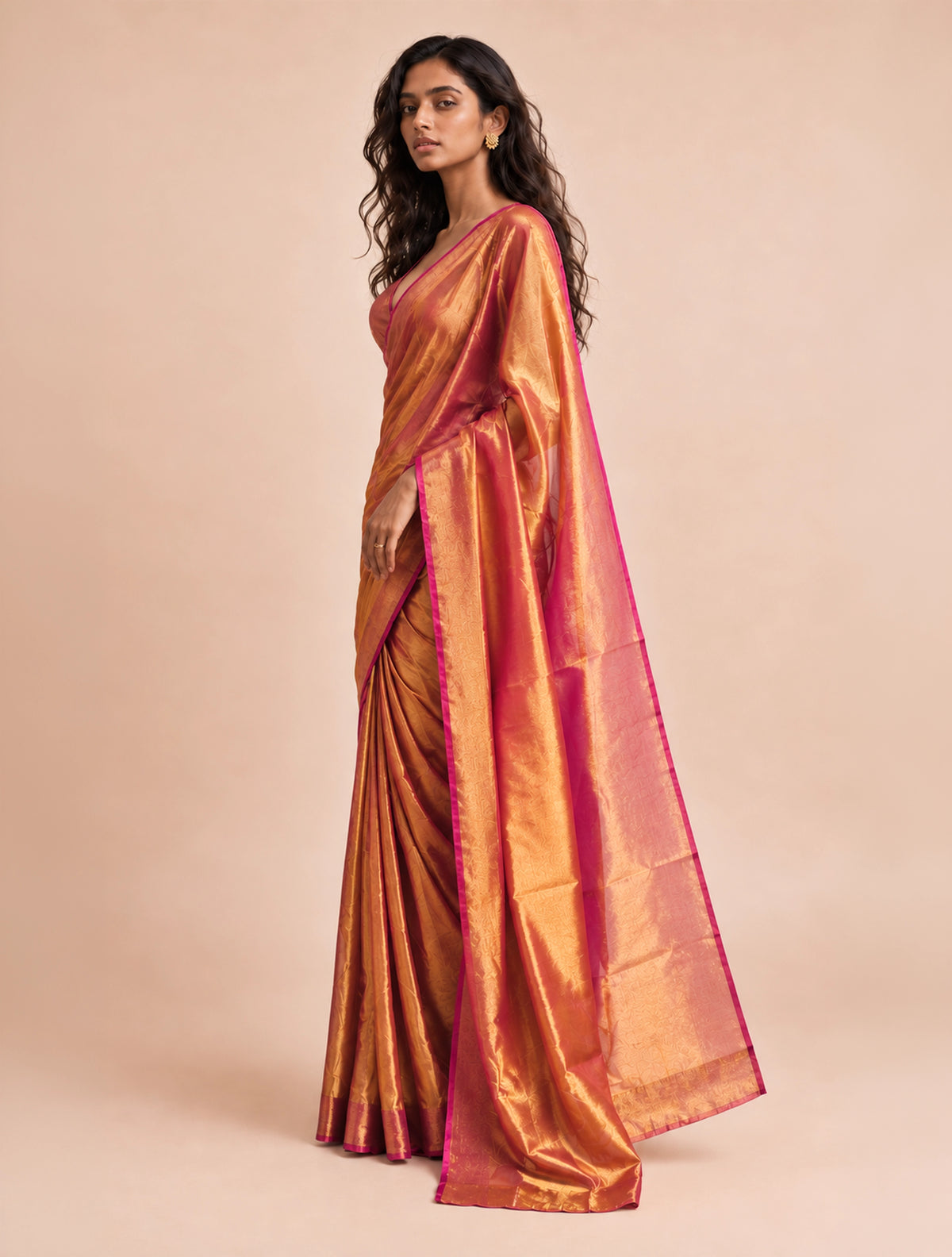 trueBrowns Bronze Gold Tissue Silk Linen Handloom Saree With Unstitched Blouse