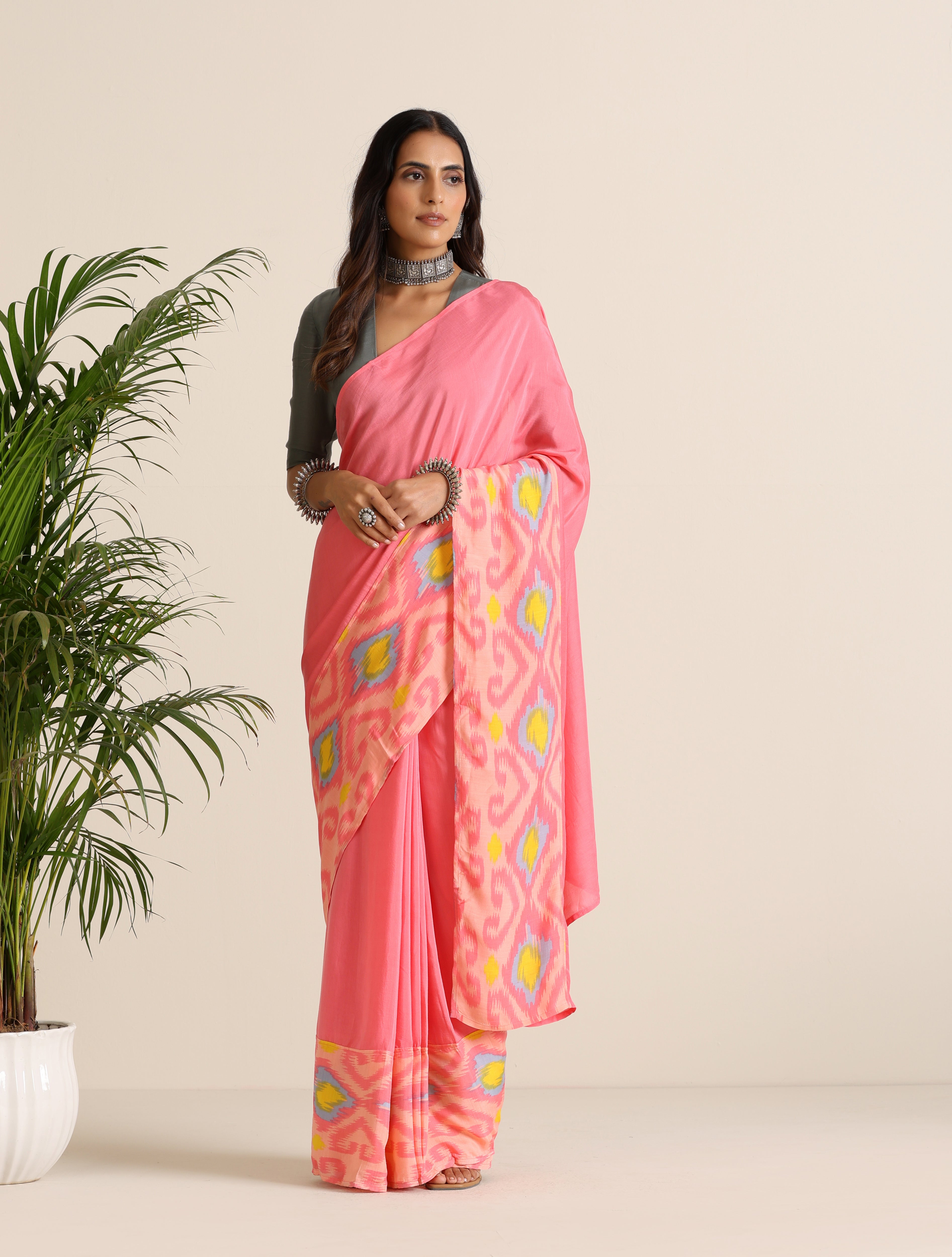 trueBrowns Pink Lime Muslin Ikat Saree