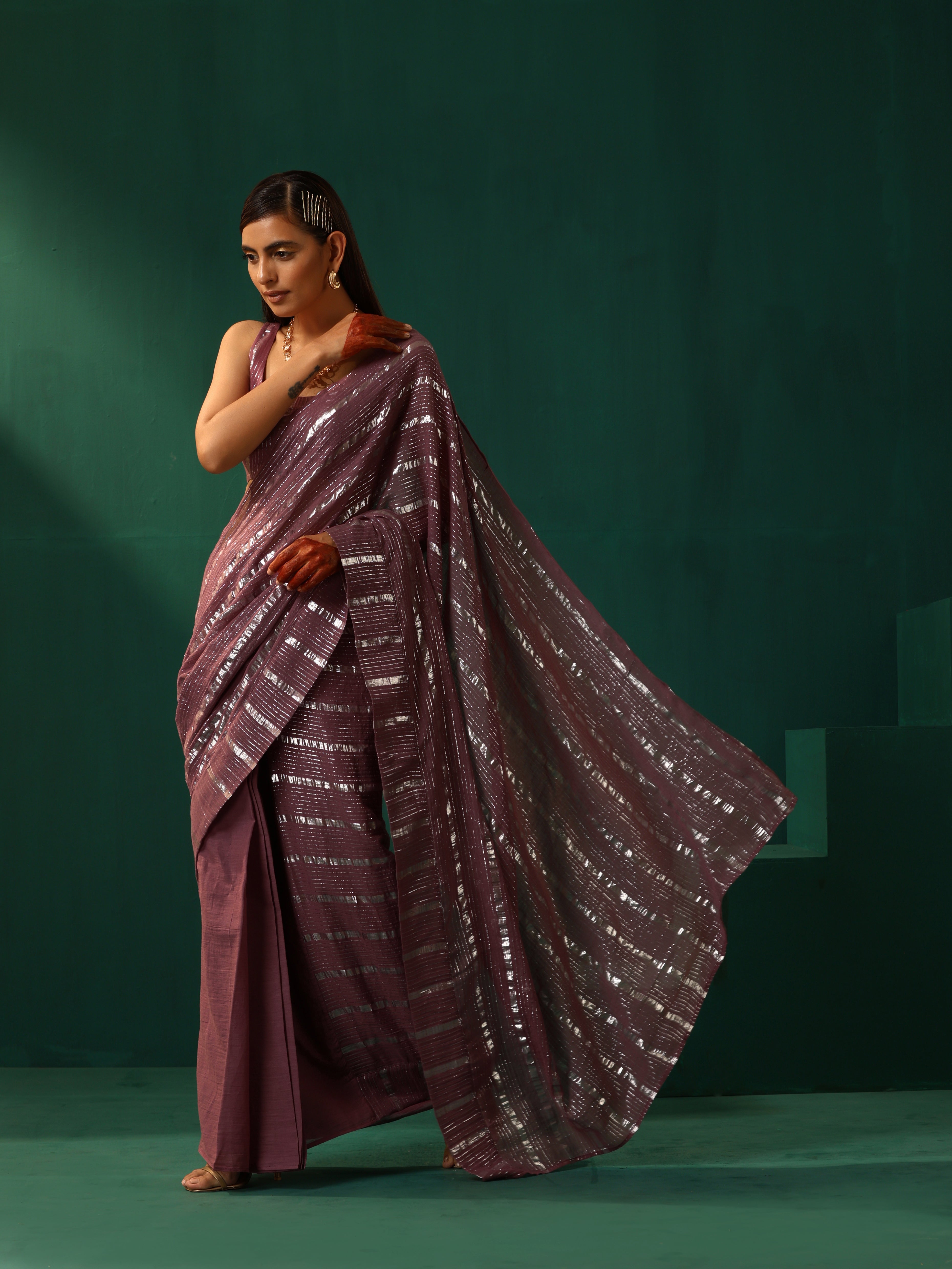 trueBrowns Mauve Cotton Silver Striped Ready to Wear Saree