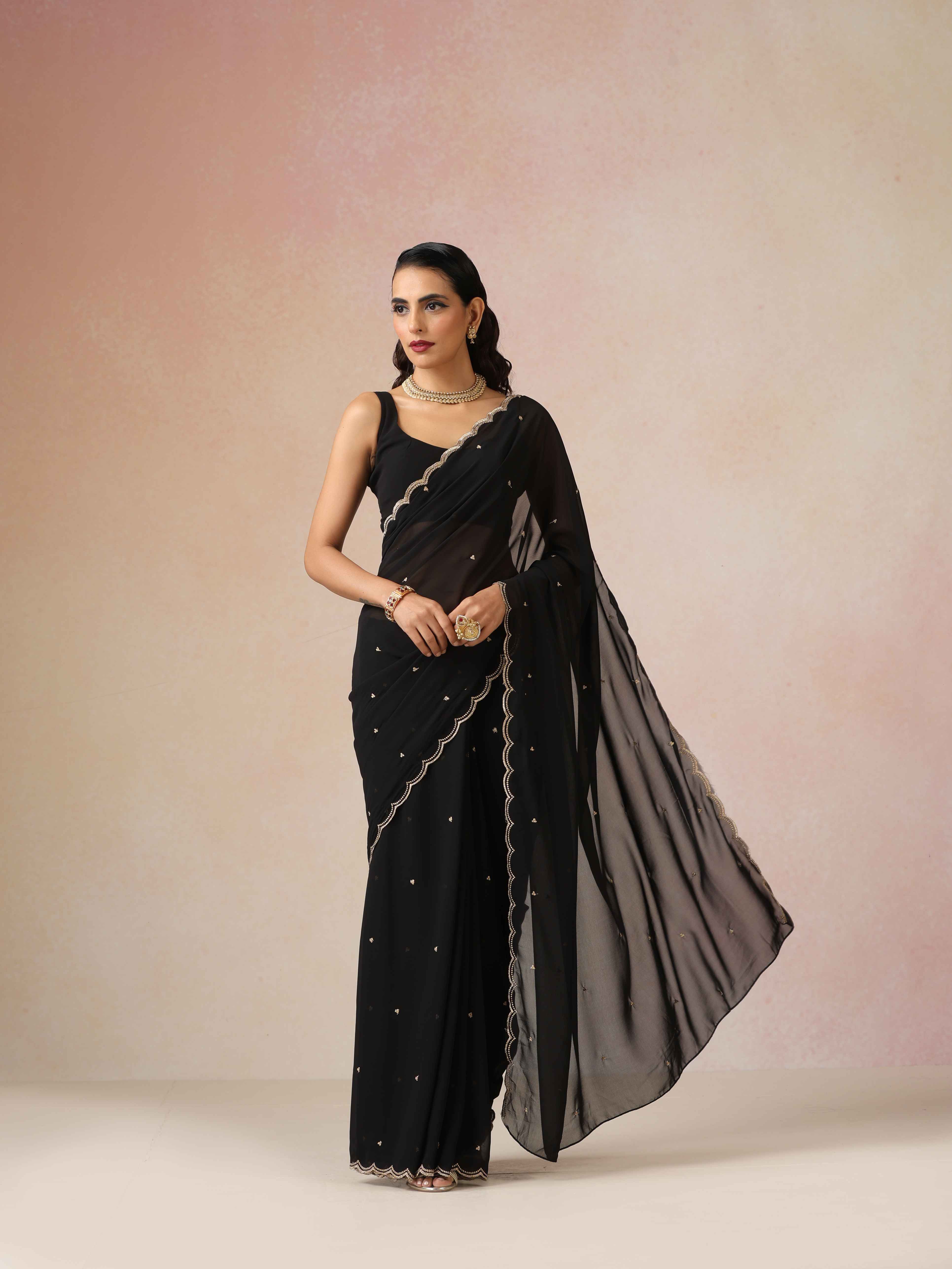 trueBrowns Black Georgette Embroidered Saree With unstitched Blouse