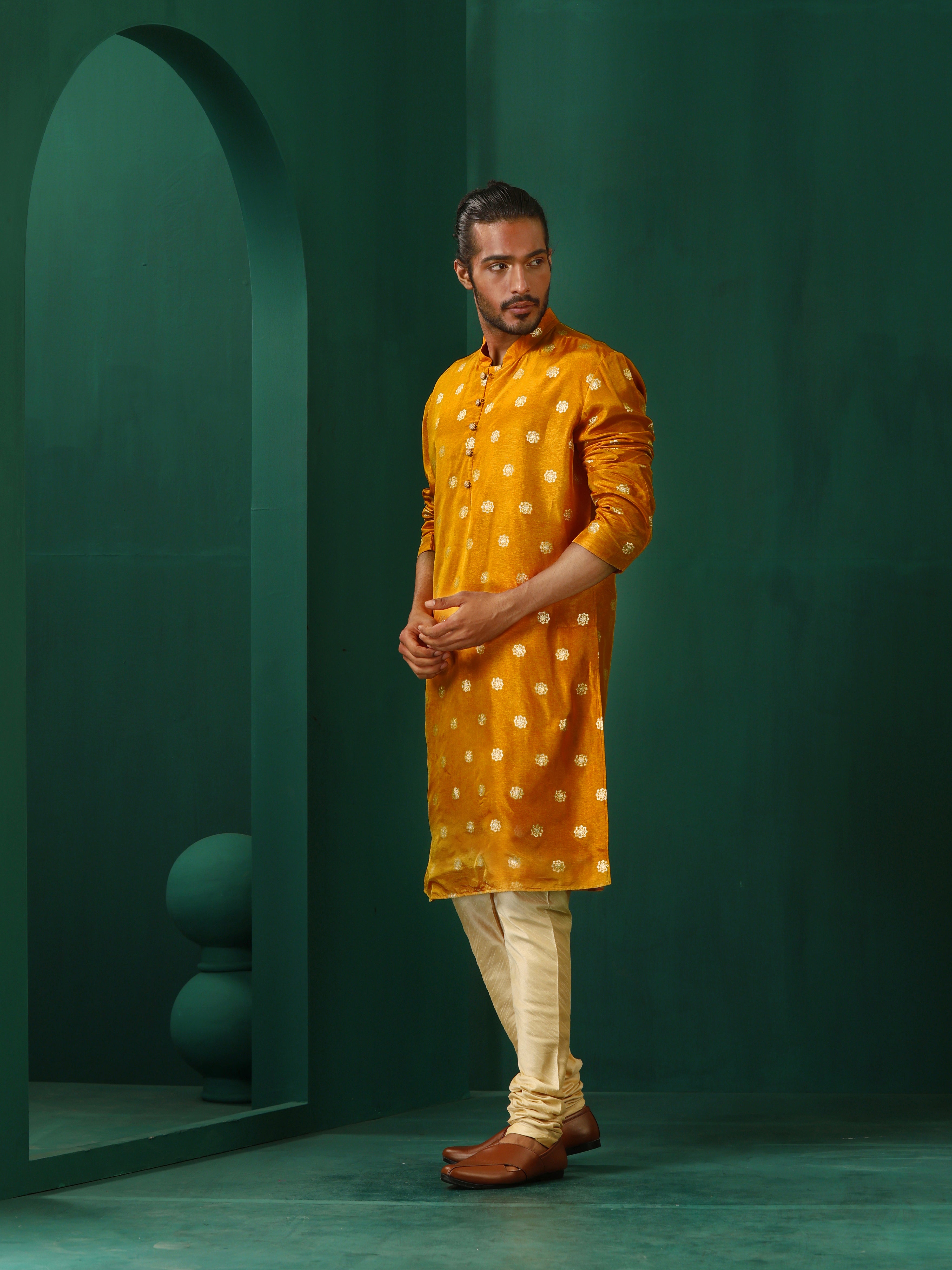 trueBrowns Men Mustard Geometric Floral Viscose Silk Long Kurta