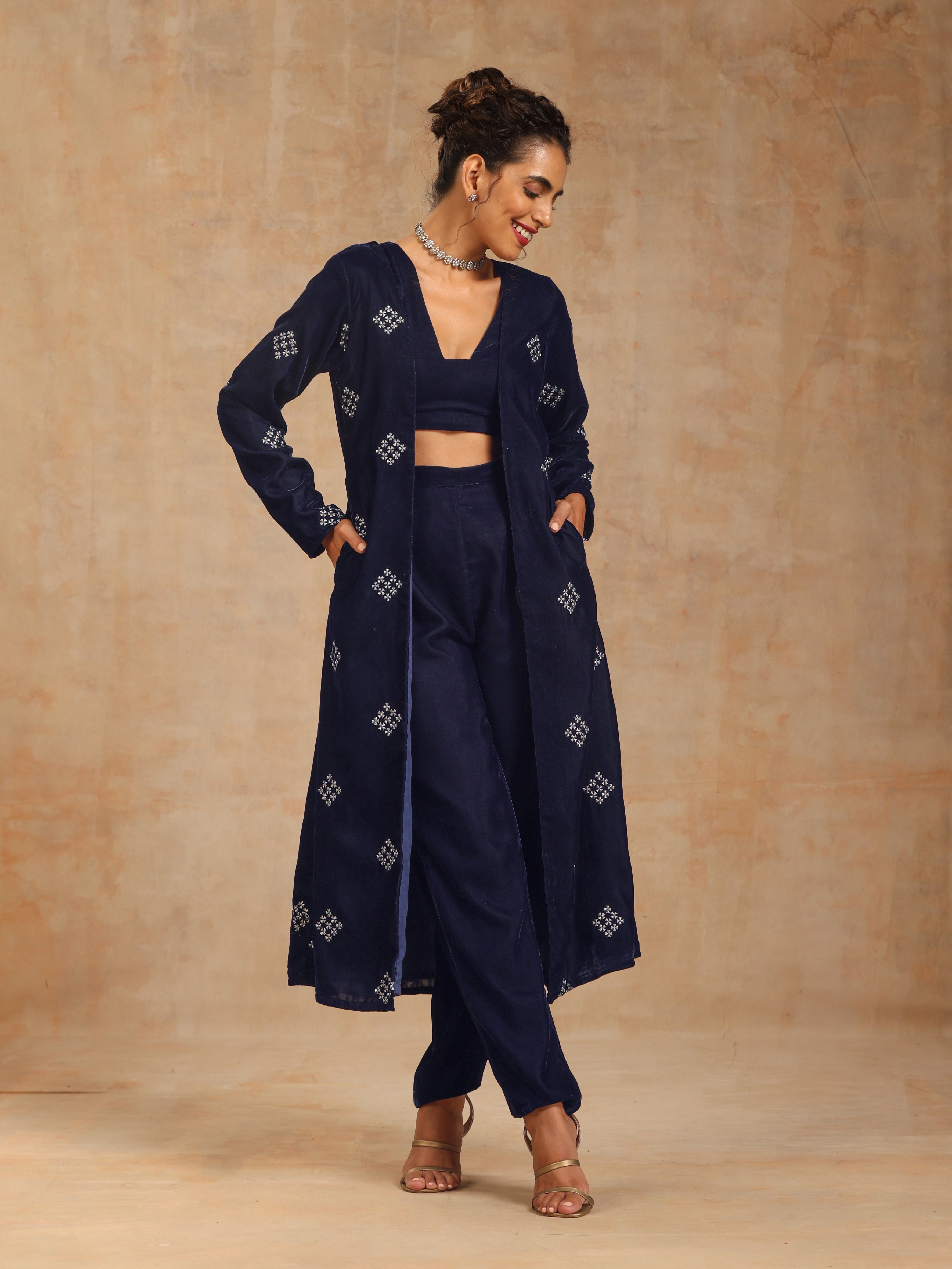 trueBrowns Midnight Blue Velvet Embroidered Jacket Set | Relove