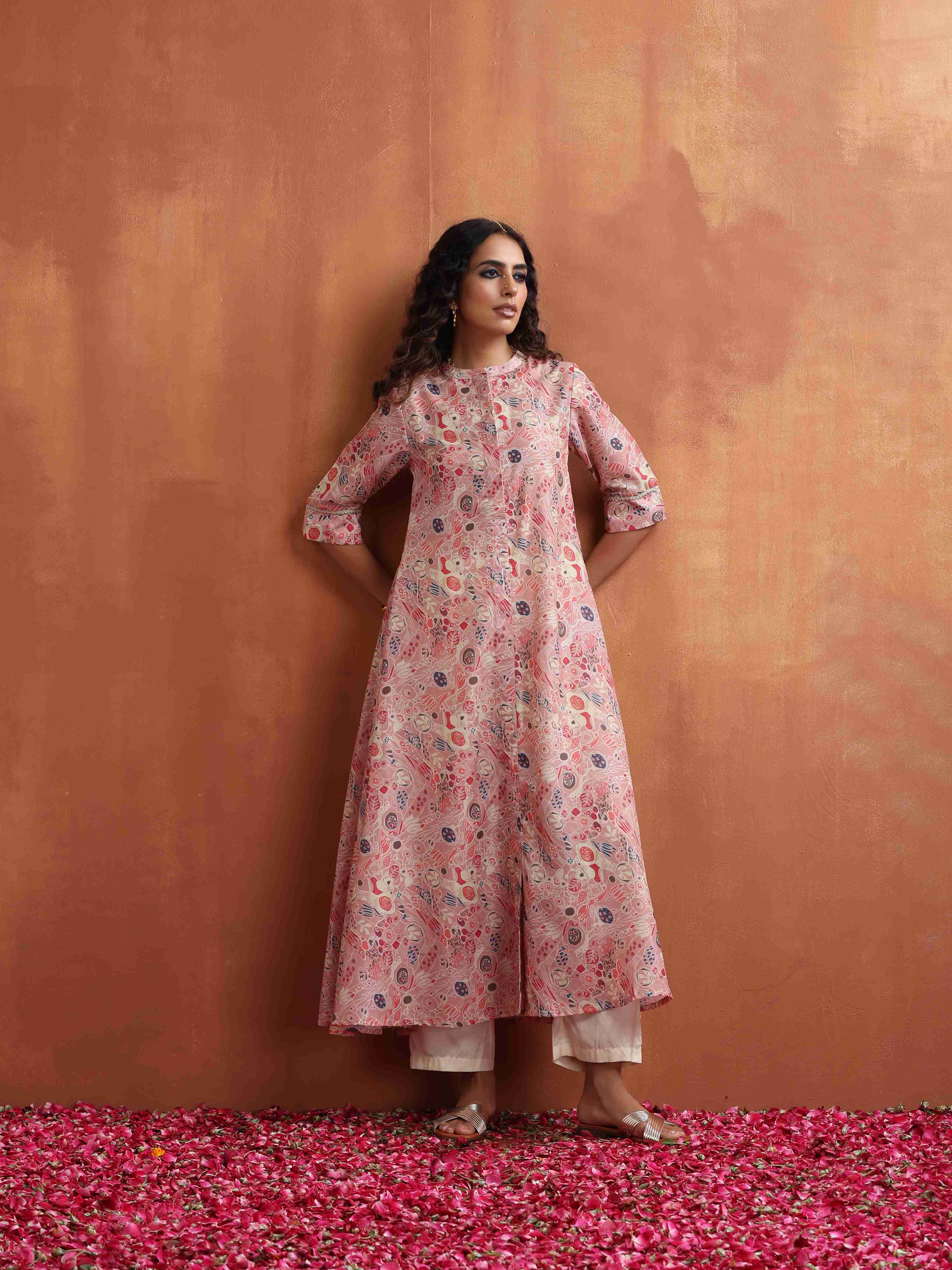 trueBrowns Pink Flared Anarkali Kurta Set