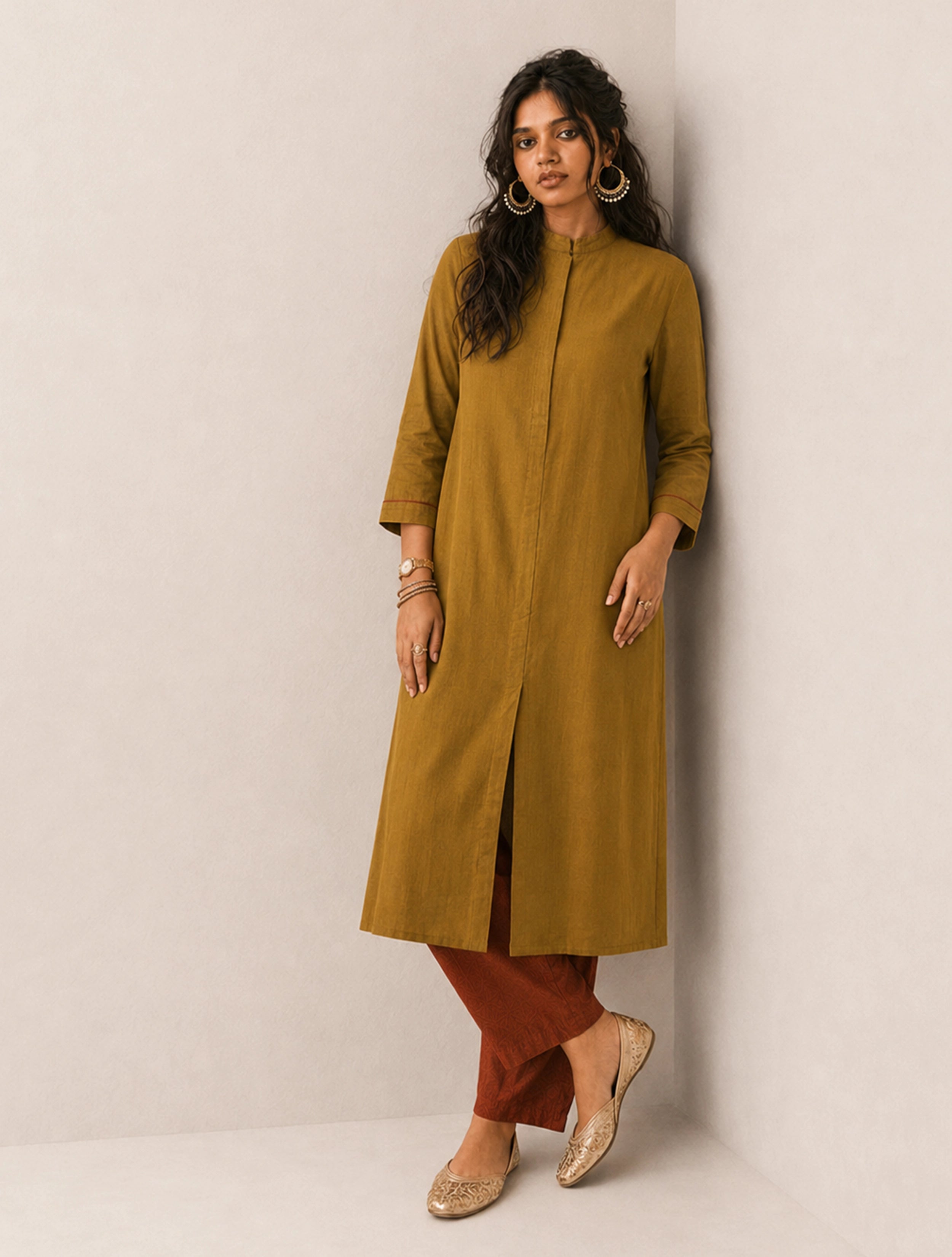 trueBrowns Olive Brown Solid Viscose Kurta Set