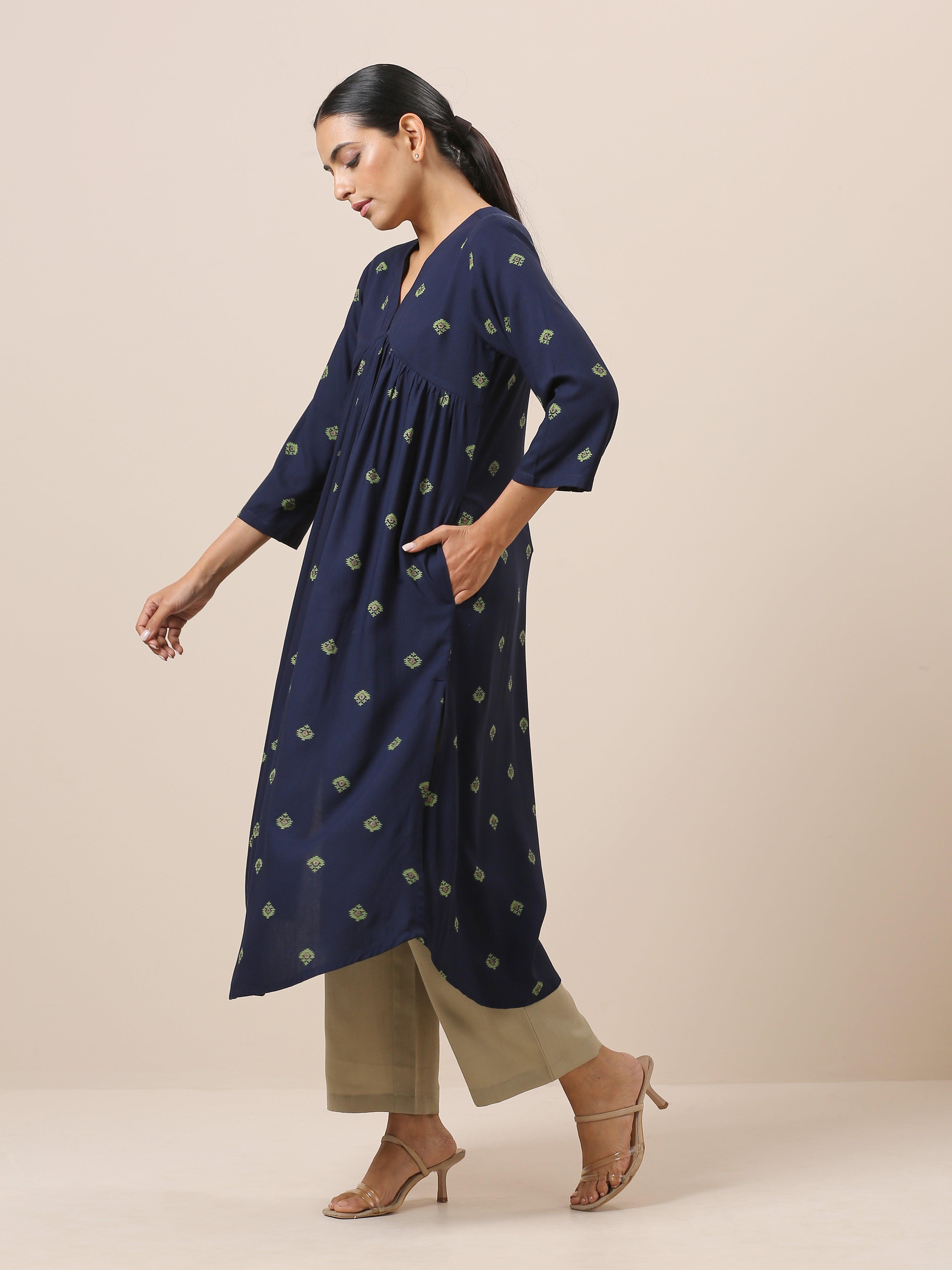 Cotton Blue Printed Slit Kurta Pant Set - trueBrowns