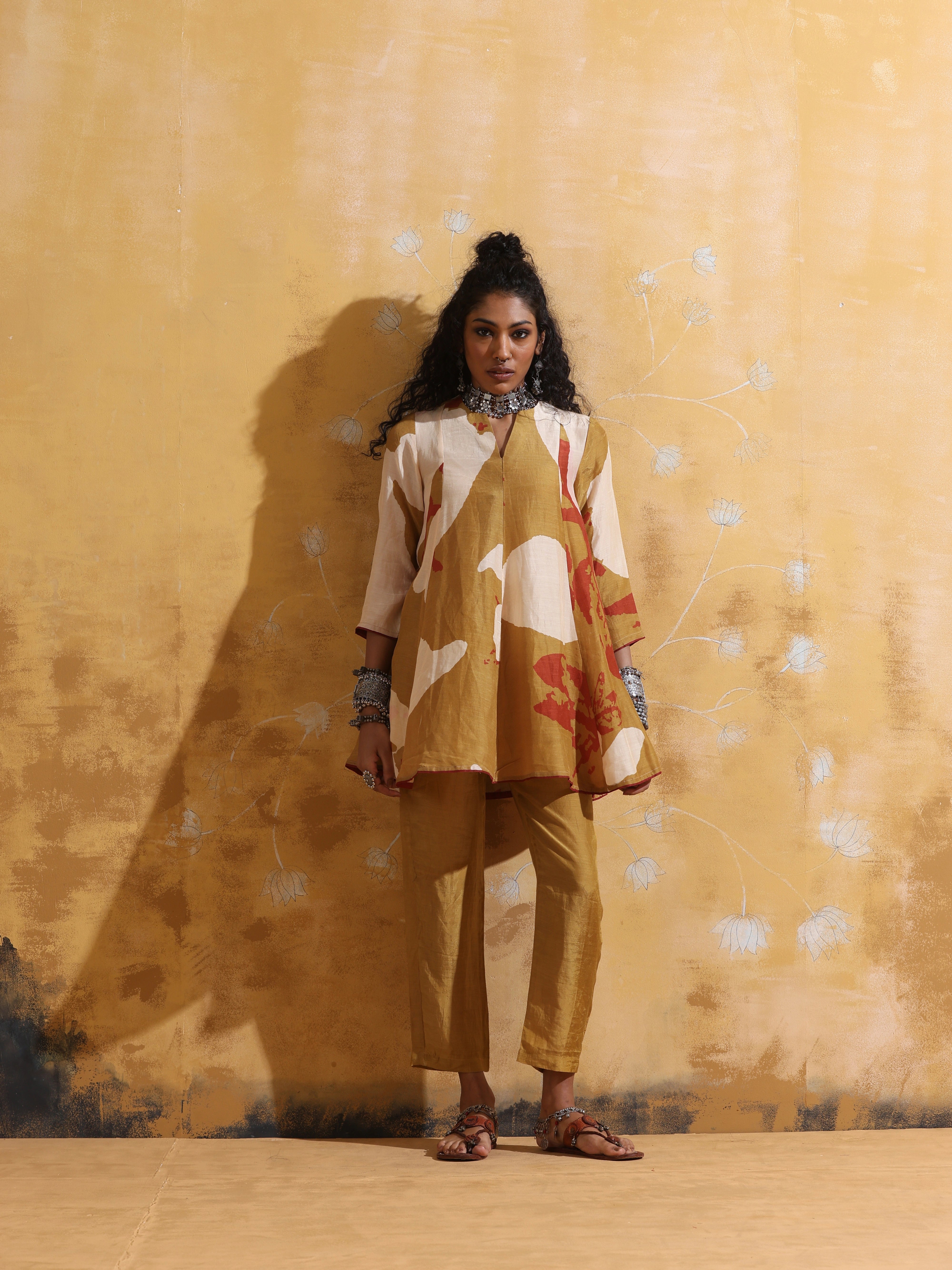trueBrowns Mustard Rust Red Floral Print Muslin Silk Flared Co-ord Set