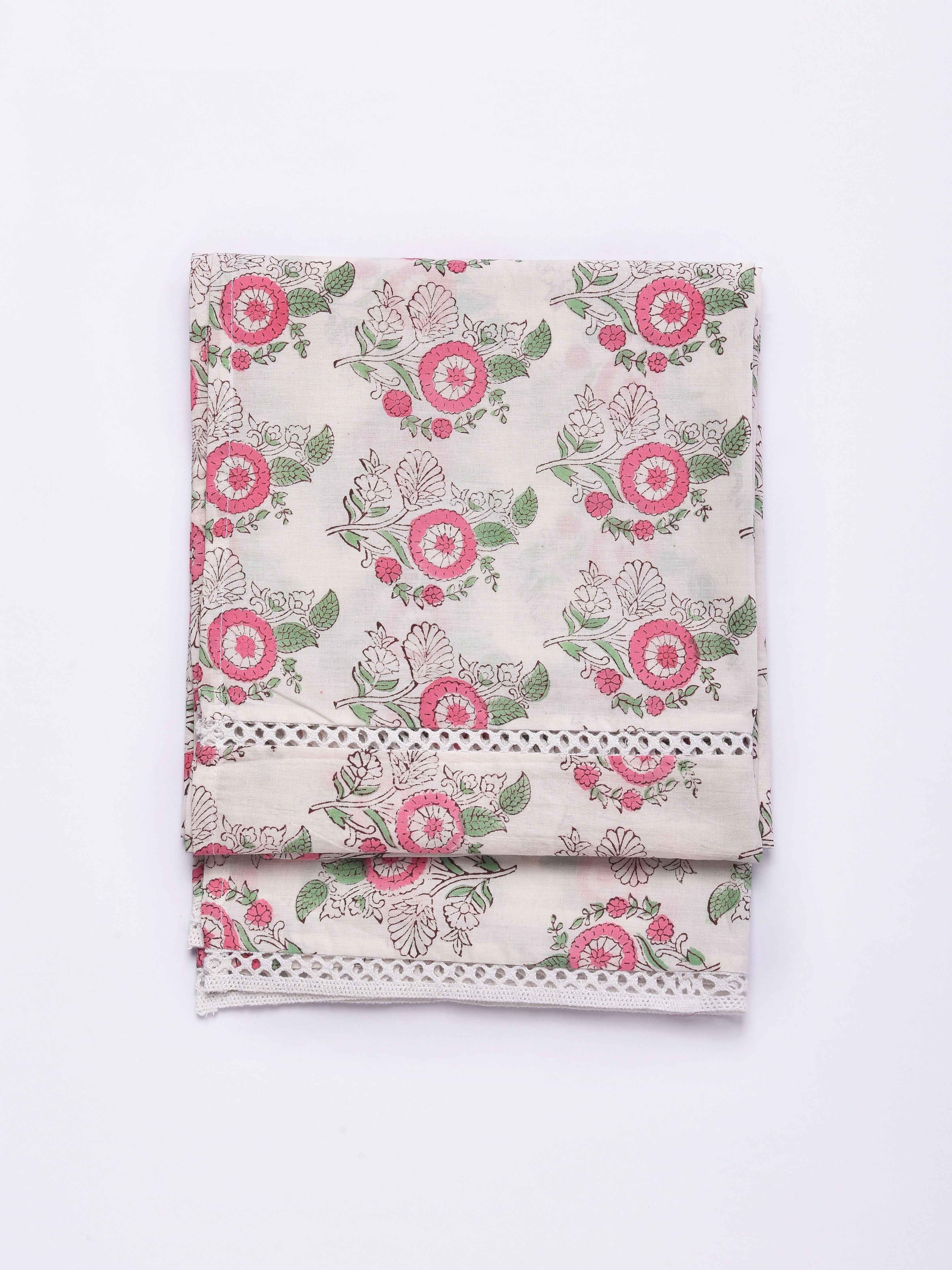 Pink Green Buta On White Print Cotton Stole