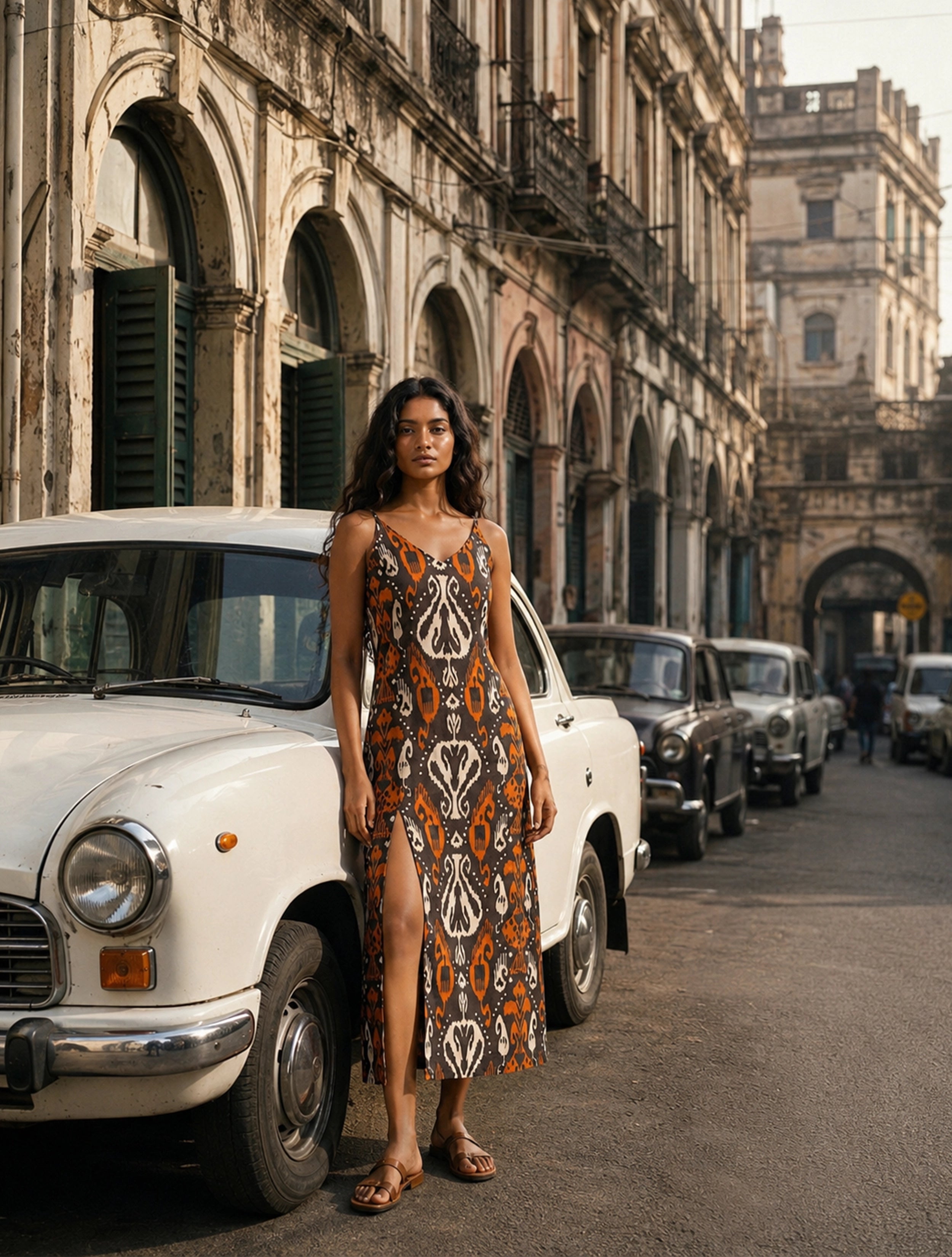 trueBrowns Cola Orange Ikat Print Cotton Mull Strappy Long Dress