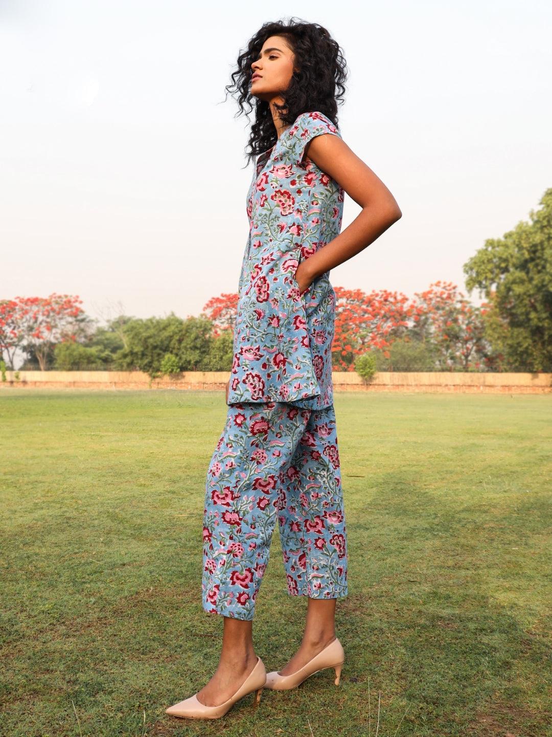 Baby Blue Cotton Block Print Front Slit Co-Ord Set - trueBrowns