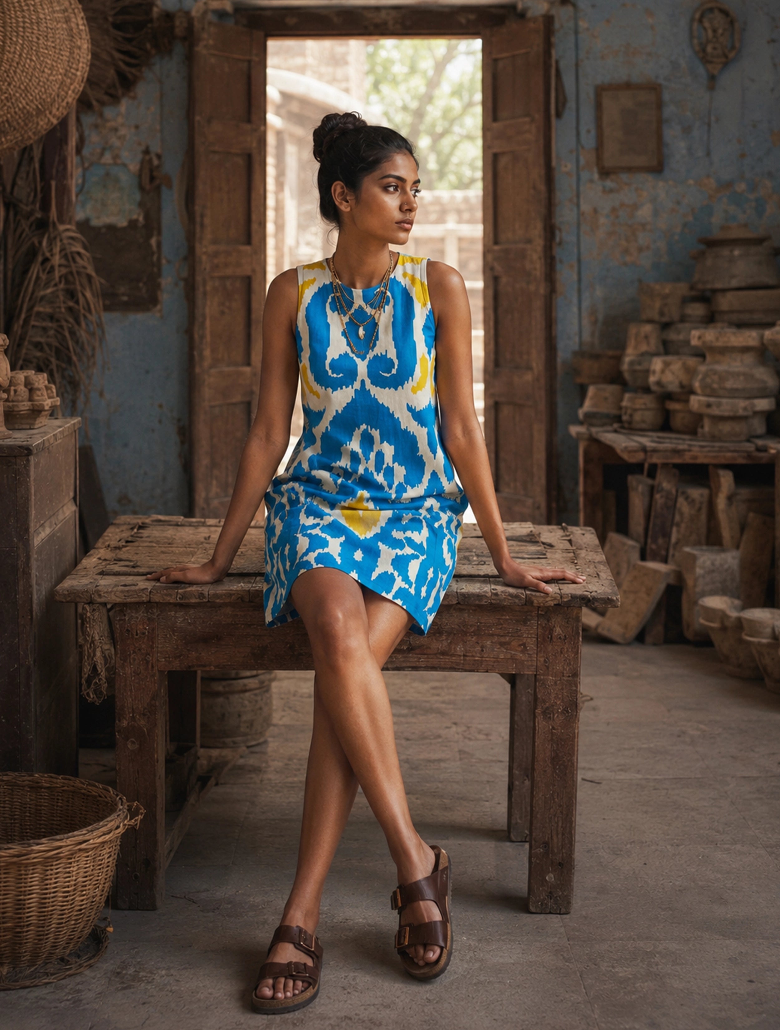 trueBrowns Blue Ikat Print Cotton Sleeveless Short Dress