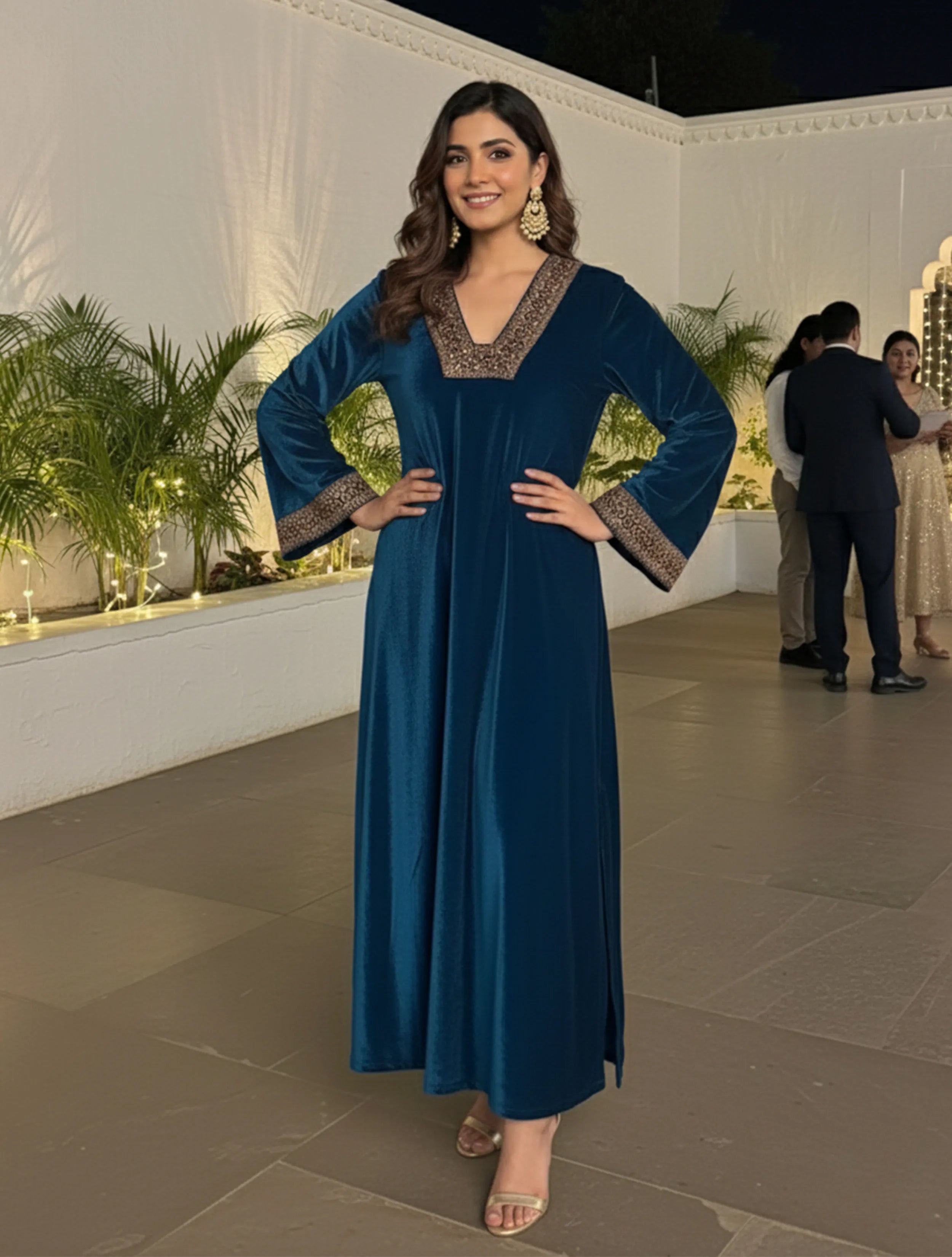 trueBrowns Blue Glass Neck Velvet Dress