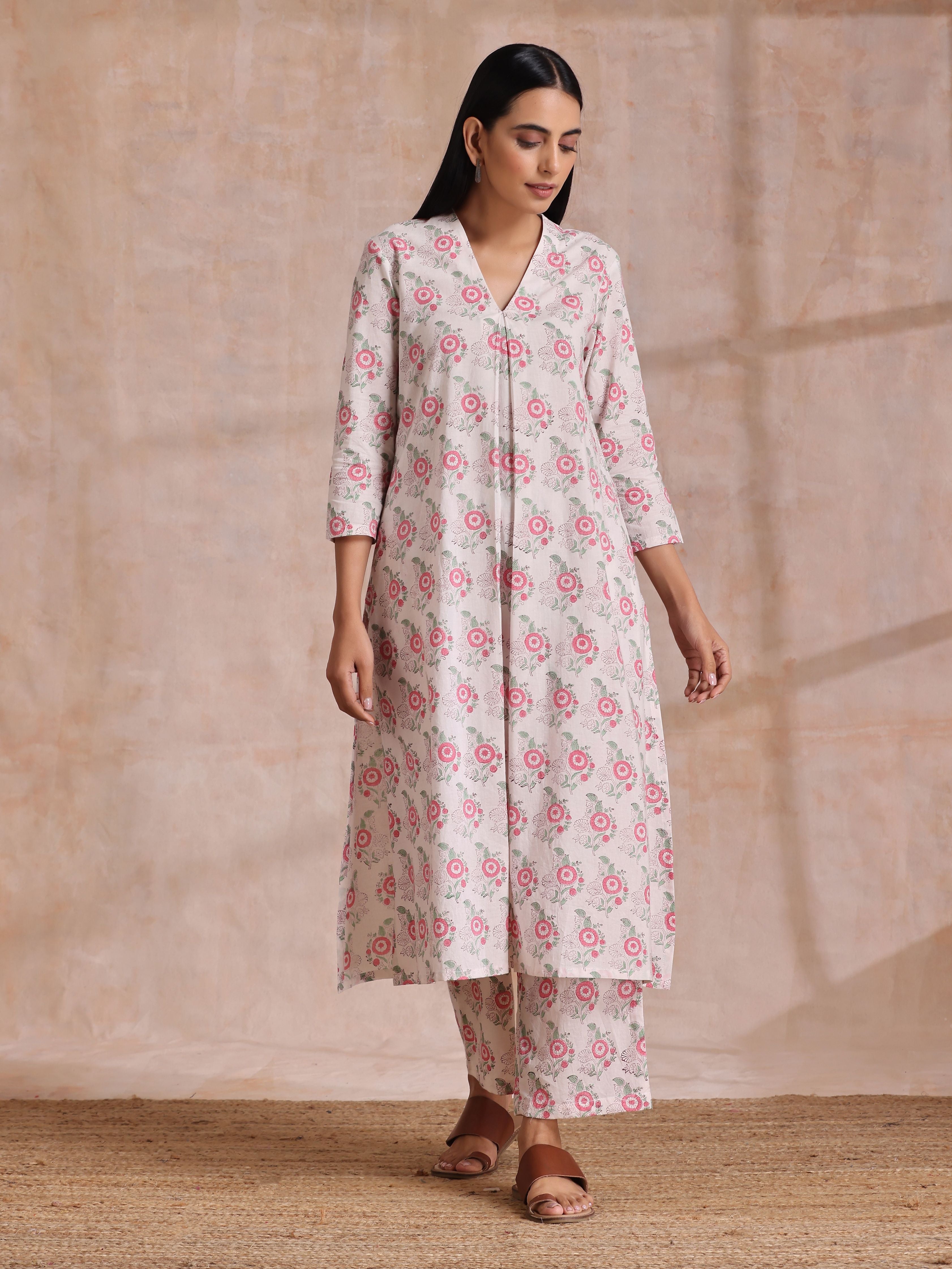 Pink Green Buta On White Block Print Cotton Slit Kurta Pant Set