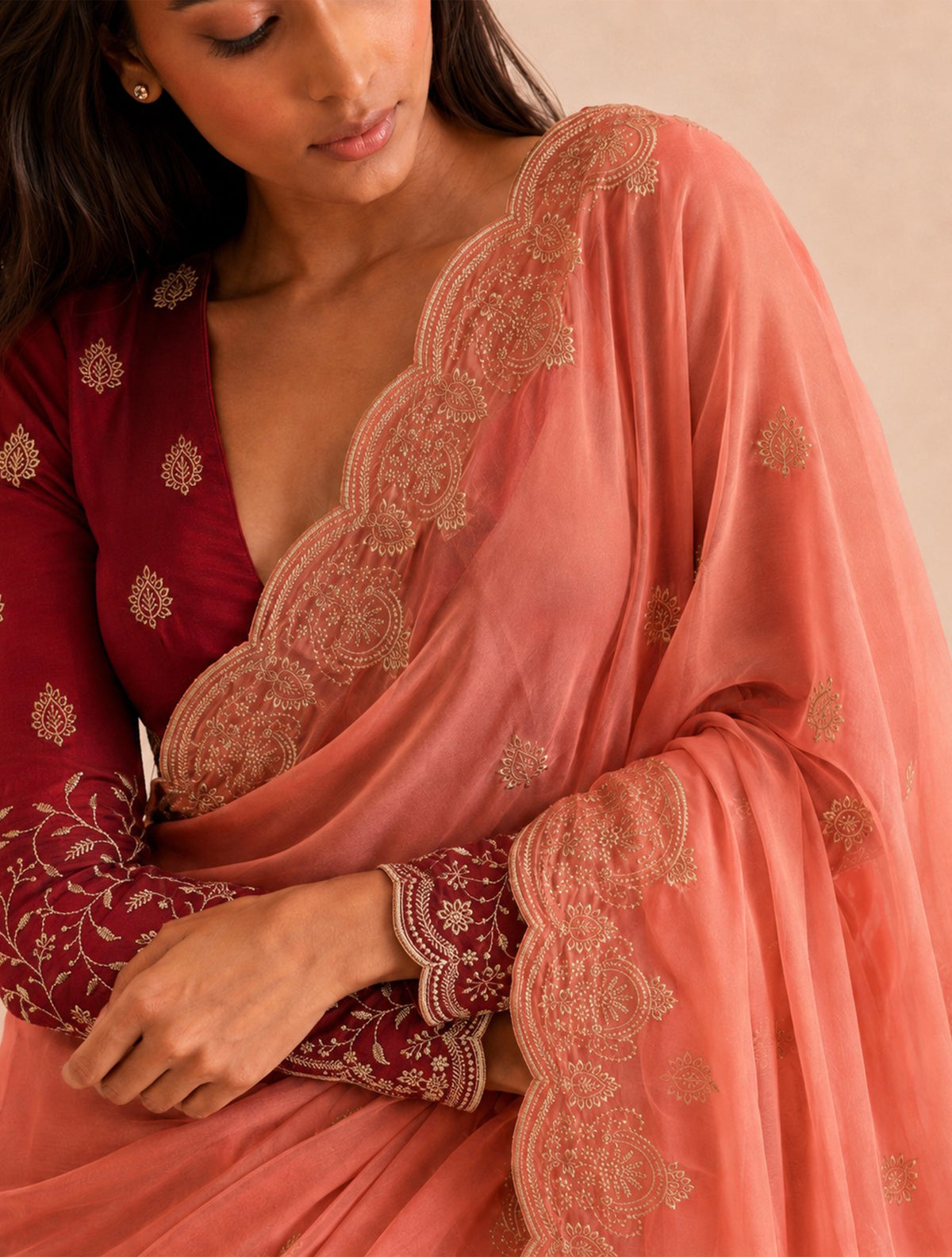 trueBrowns Peach Boota Embroidered Georgette Saree With Unstitched Blouse