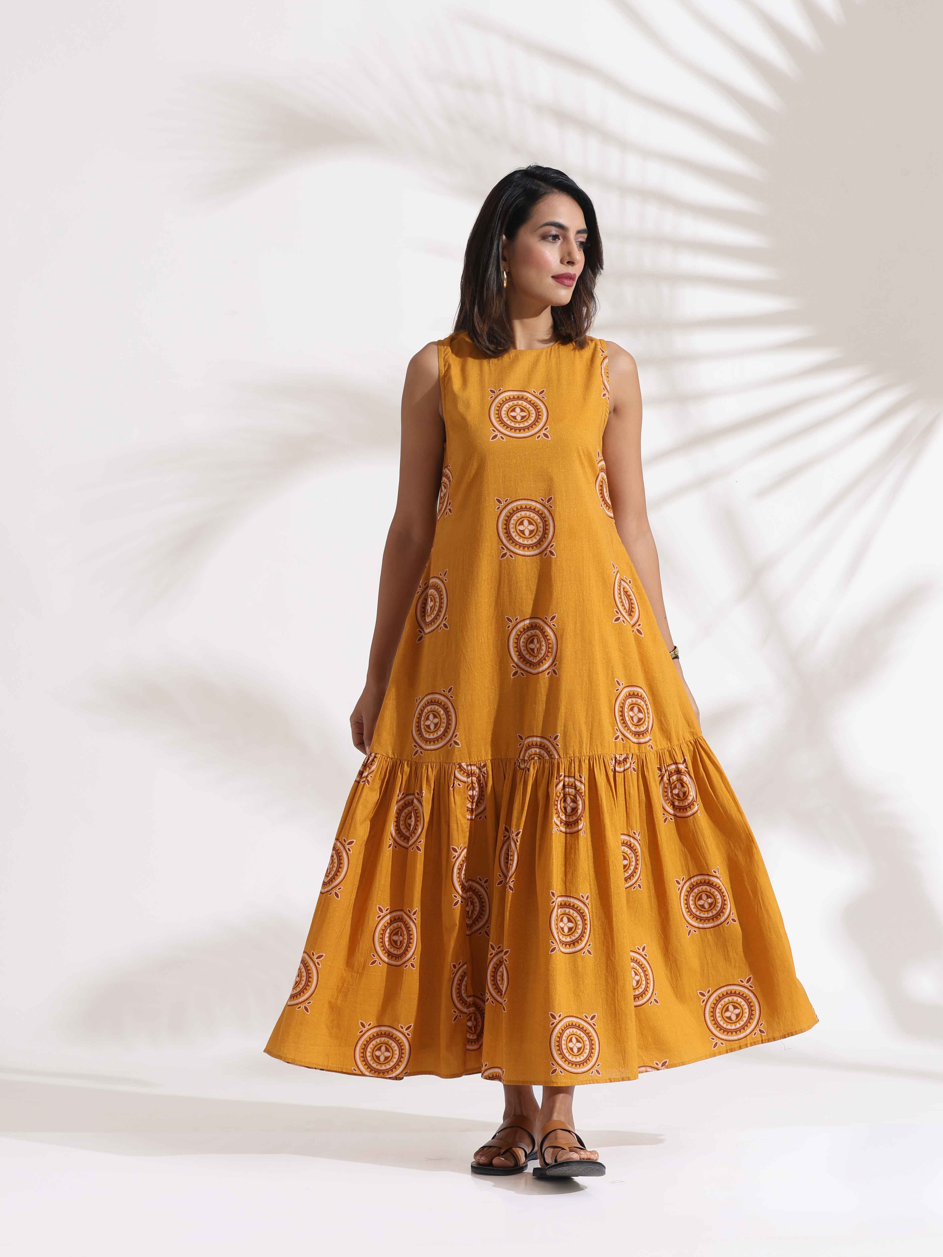 trueBrowns Mustard Cotton Print Tier Dress