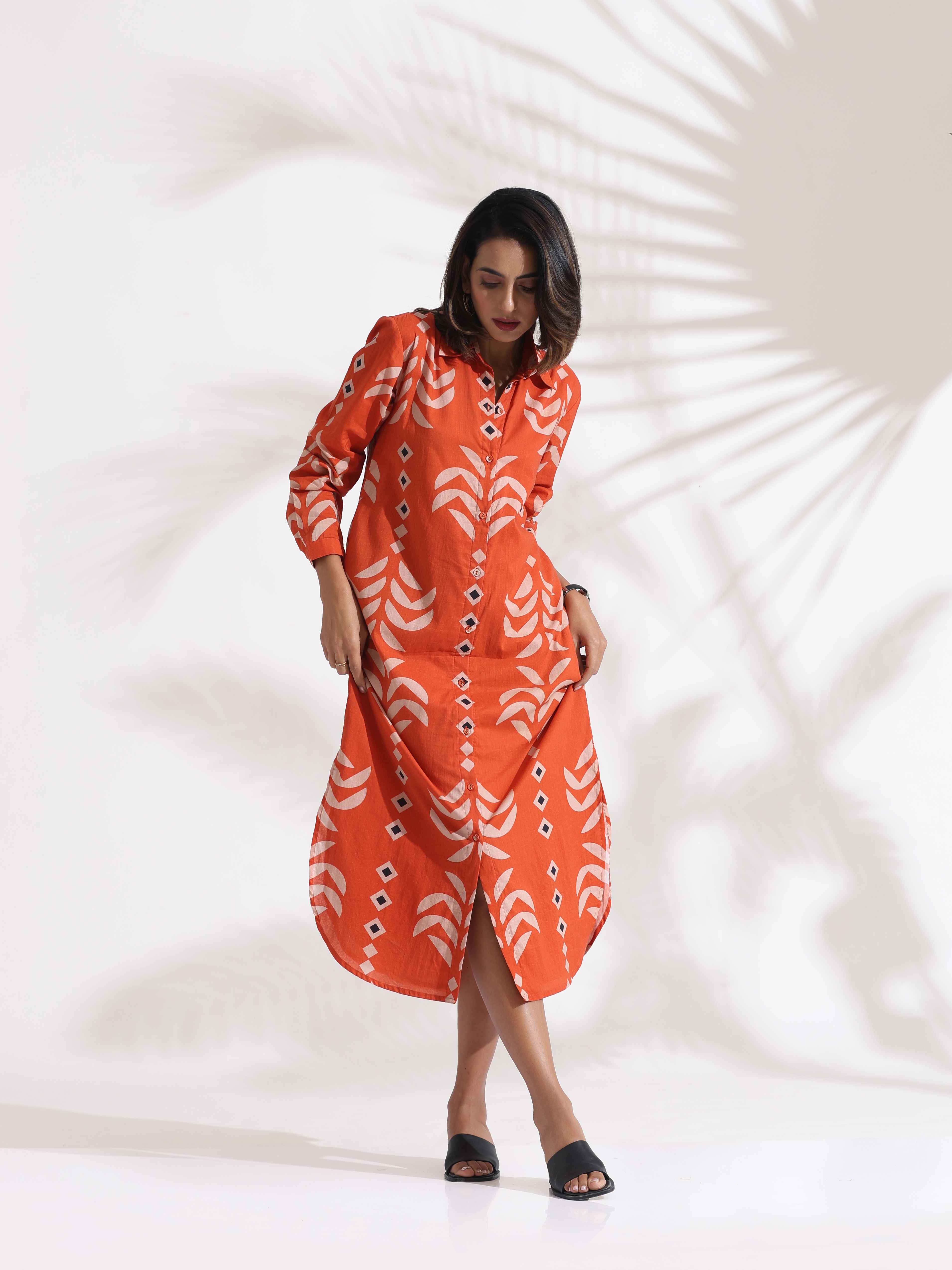 trueBrowns Orange Cotton Print Shirt Dress