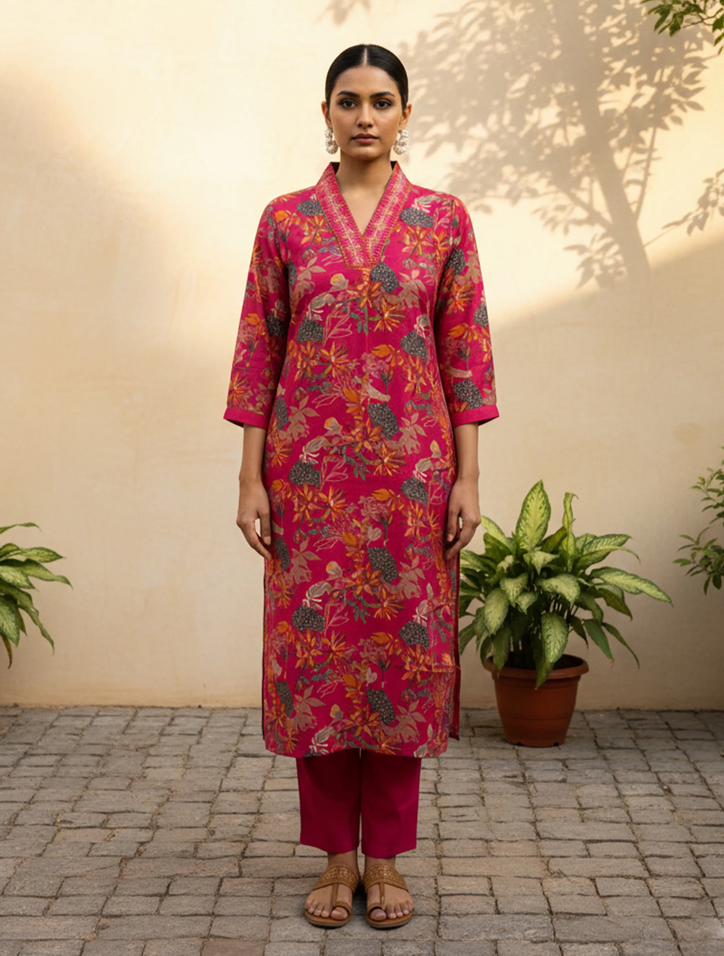 trueBrowns Pink Floral Print Embroidered Kurta Pant Dupatta Set