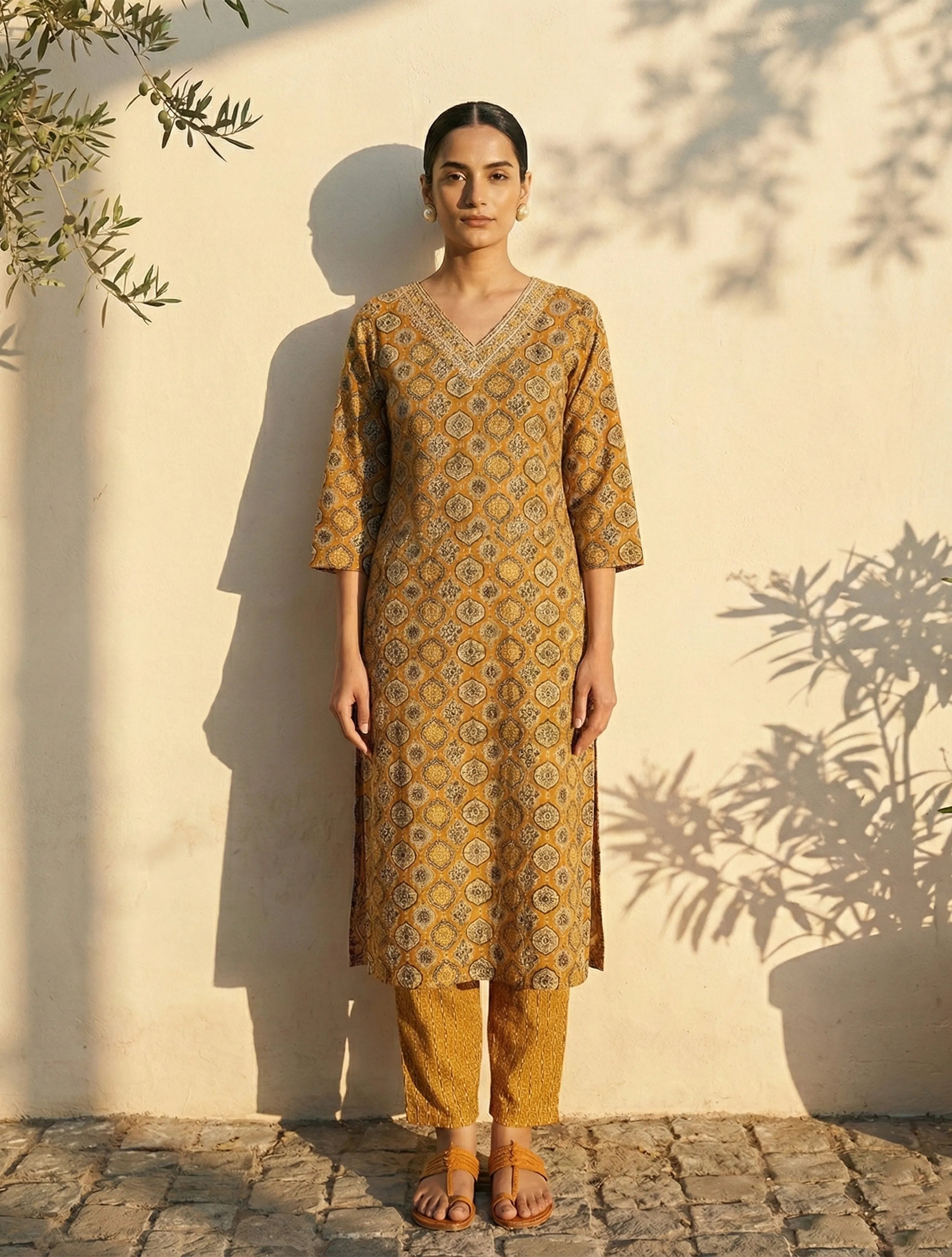 trueBrowns Mustard Print Embroidered V-Neck Kurta Pant Dupatta Set