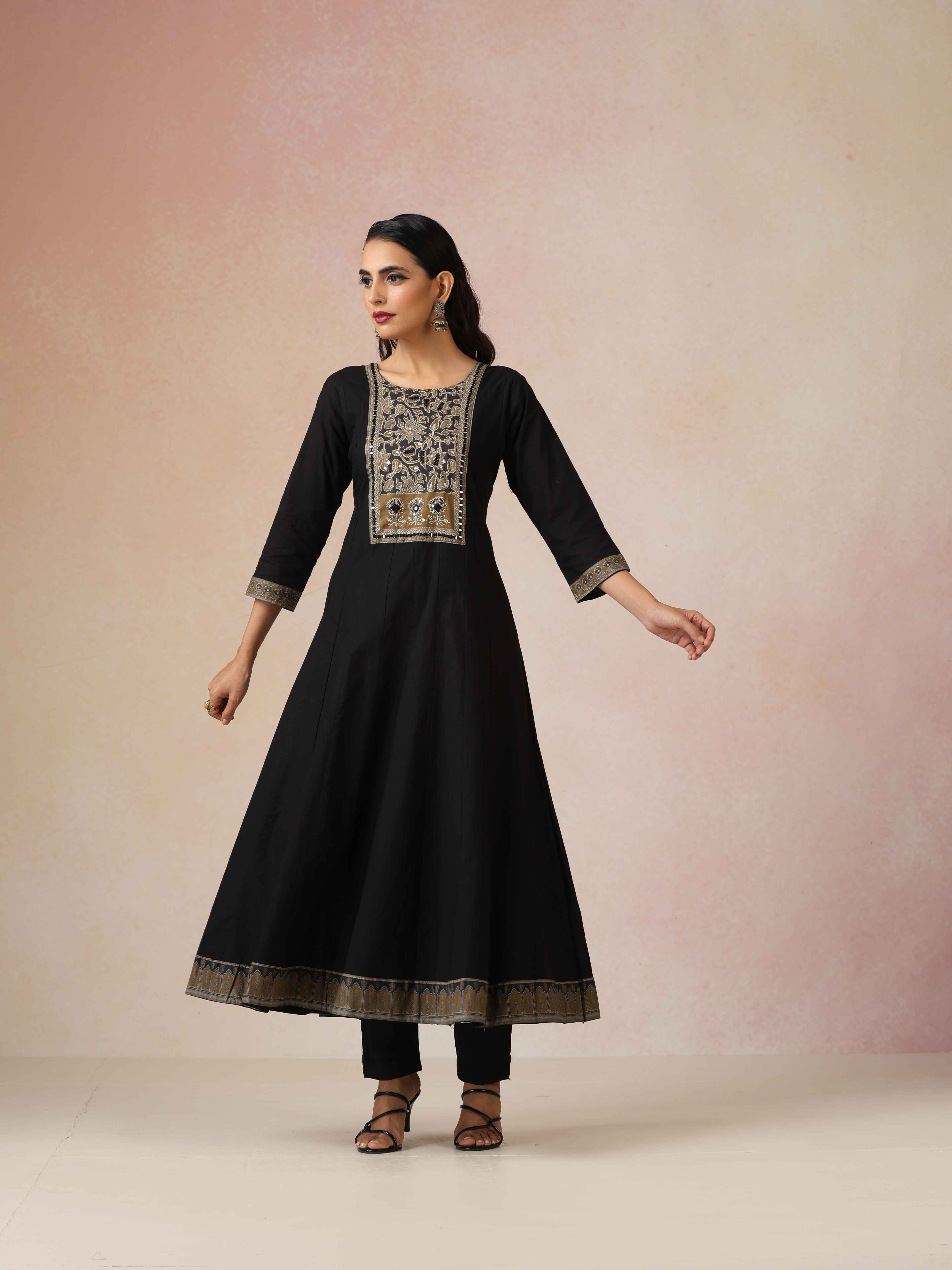 trueBrowns Black Embroidered Anarkali Pant Dupatta Set