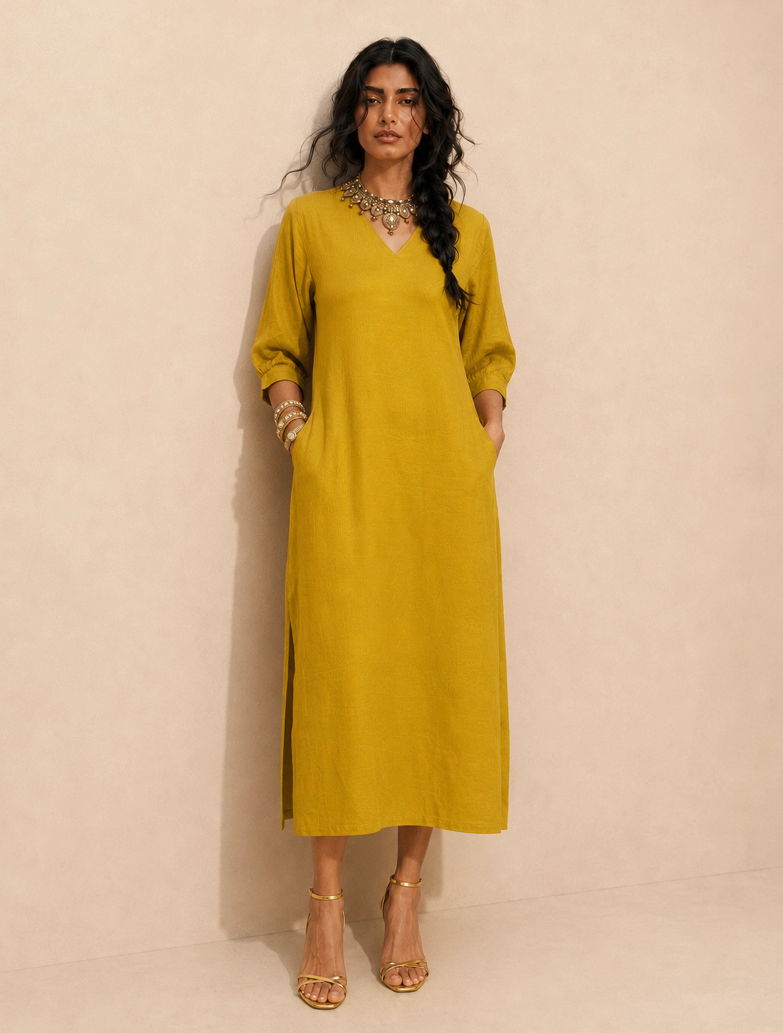 trueBrowns Lime Solid Viscose Long Dress