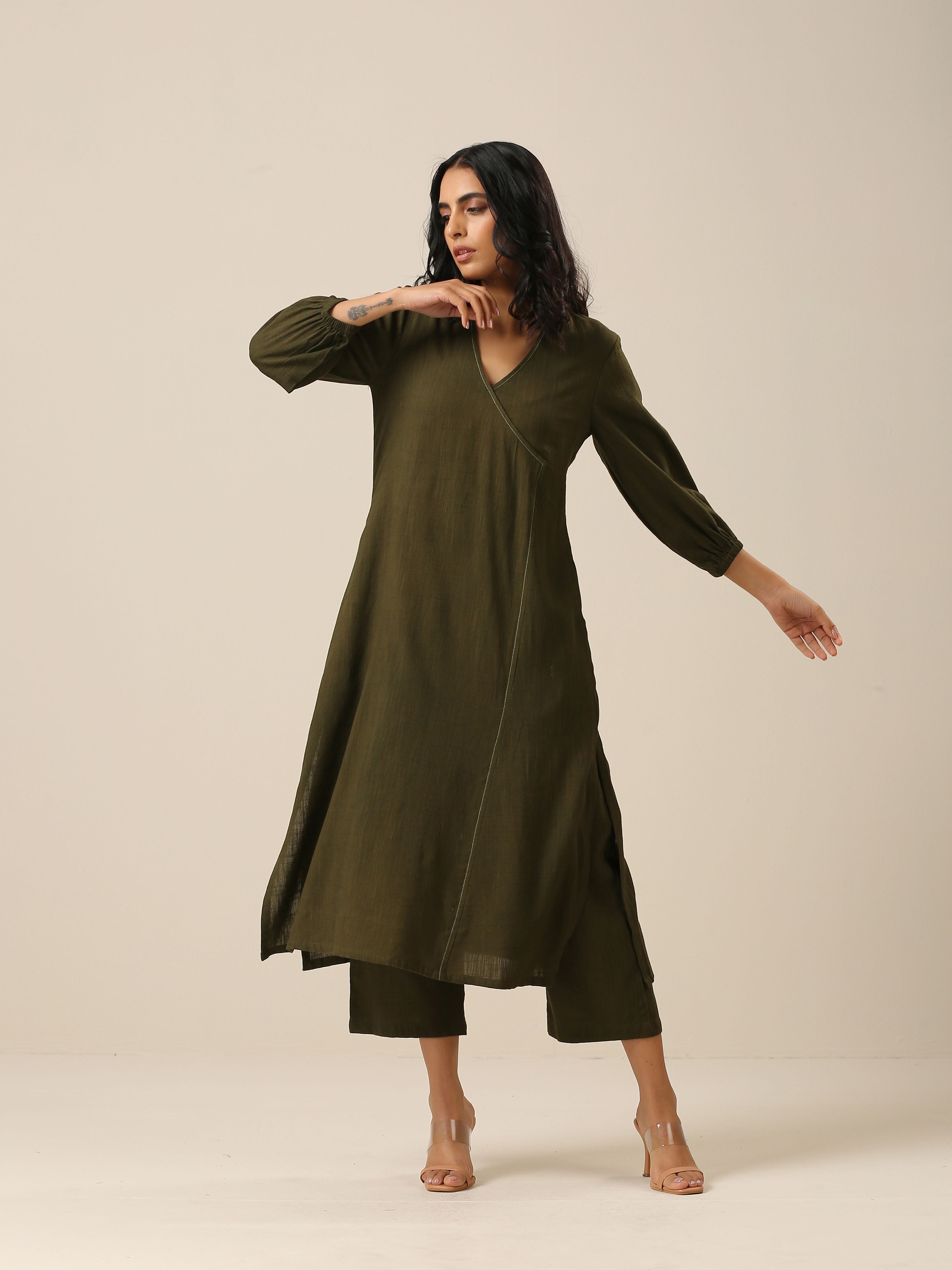Olive Green Slub Texture Kurta Pant Set
