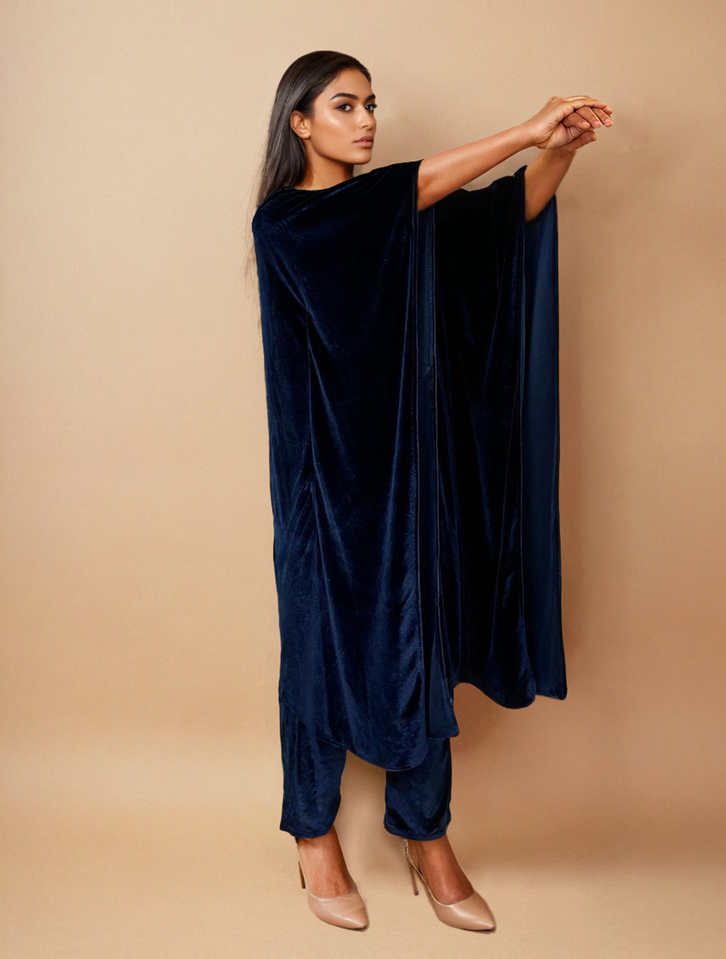 trueBrowns Navy Blue Velvet Embroidered Kaftan Kurta Set