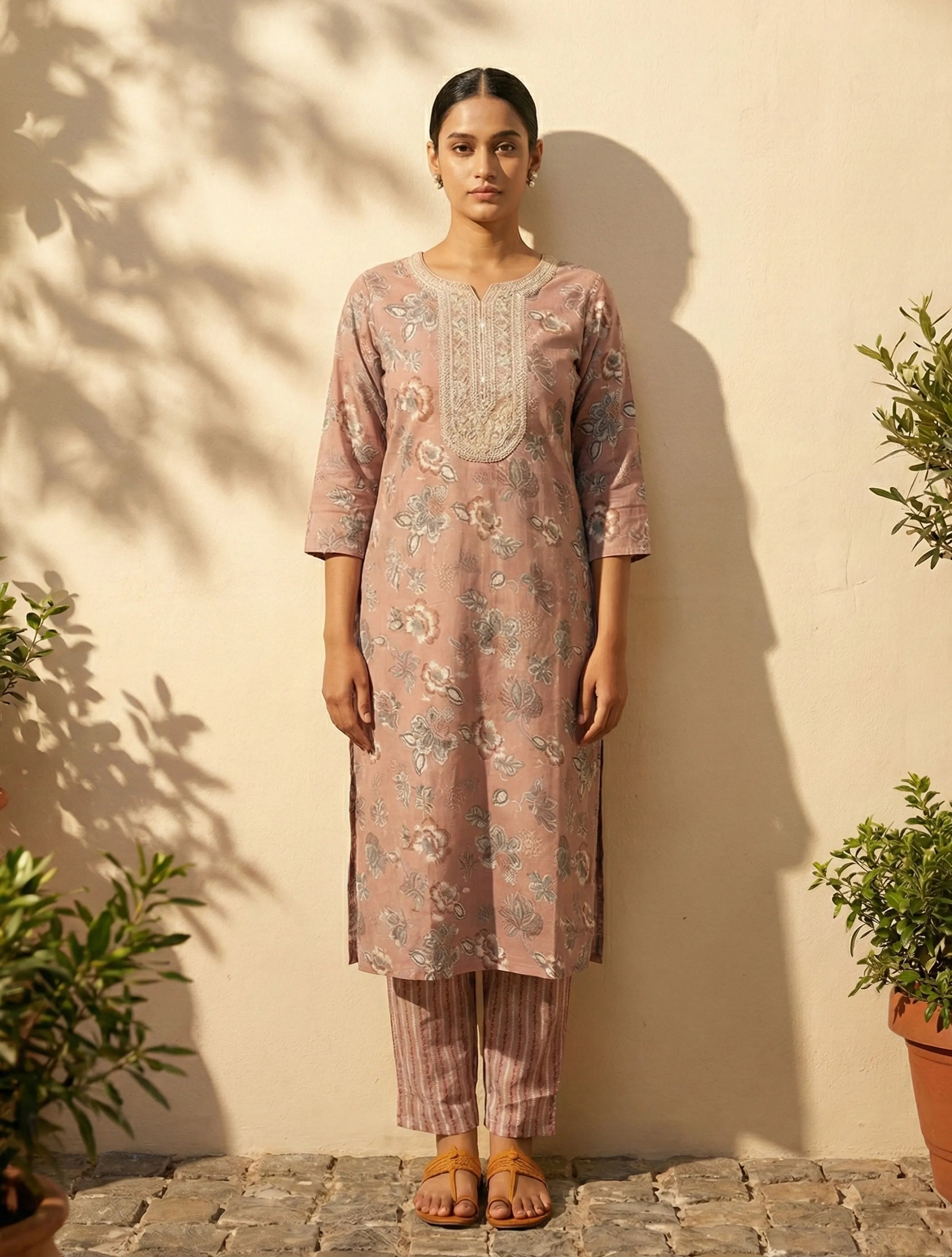 trueBrowns Light Pink Floral Print Kurta Pant Dupatta Set