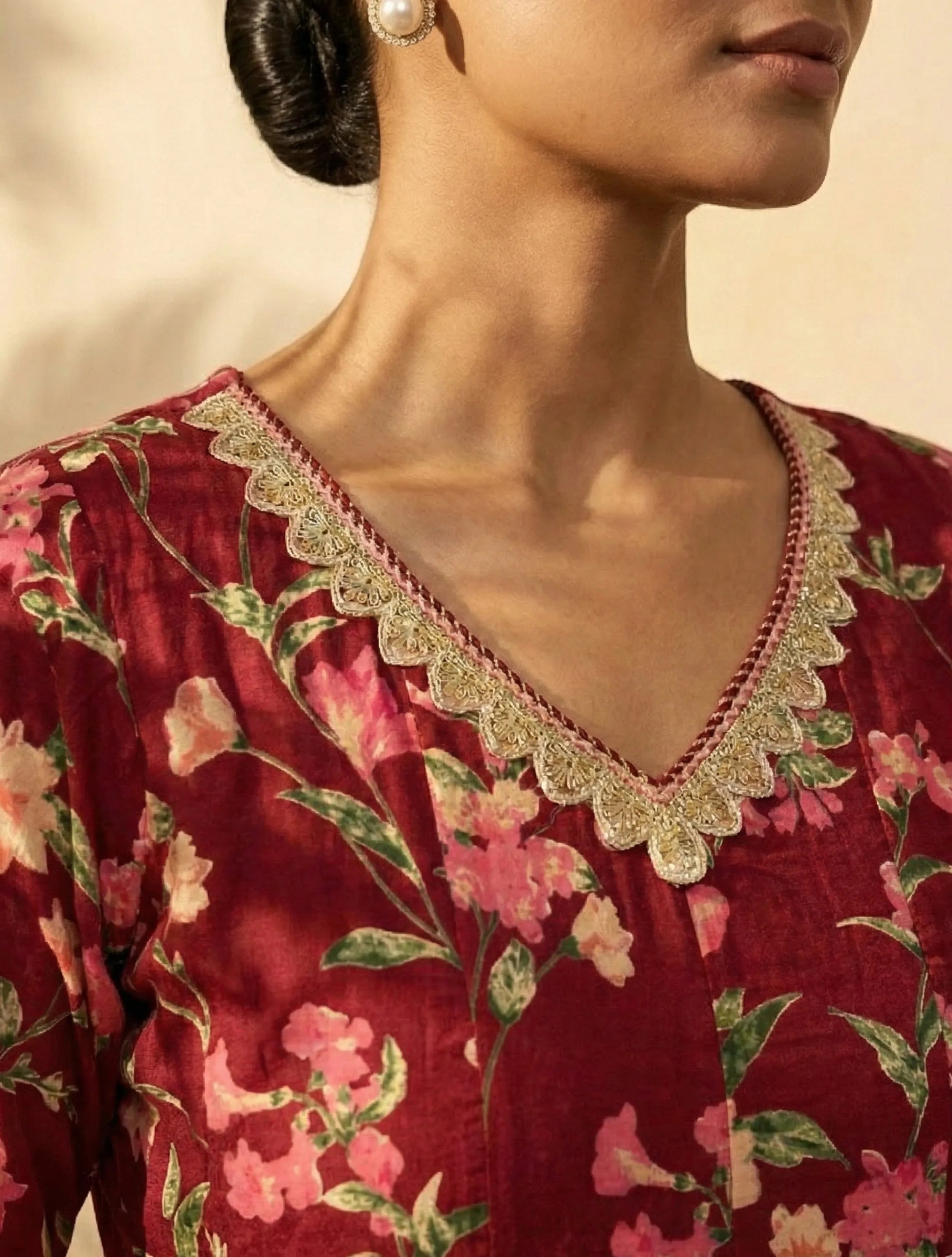 trueBrowns Maroon Floral Print V-Neck Anarkali Kurta Pant Dupatta Set