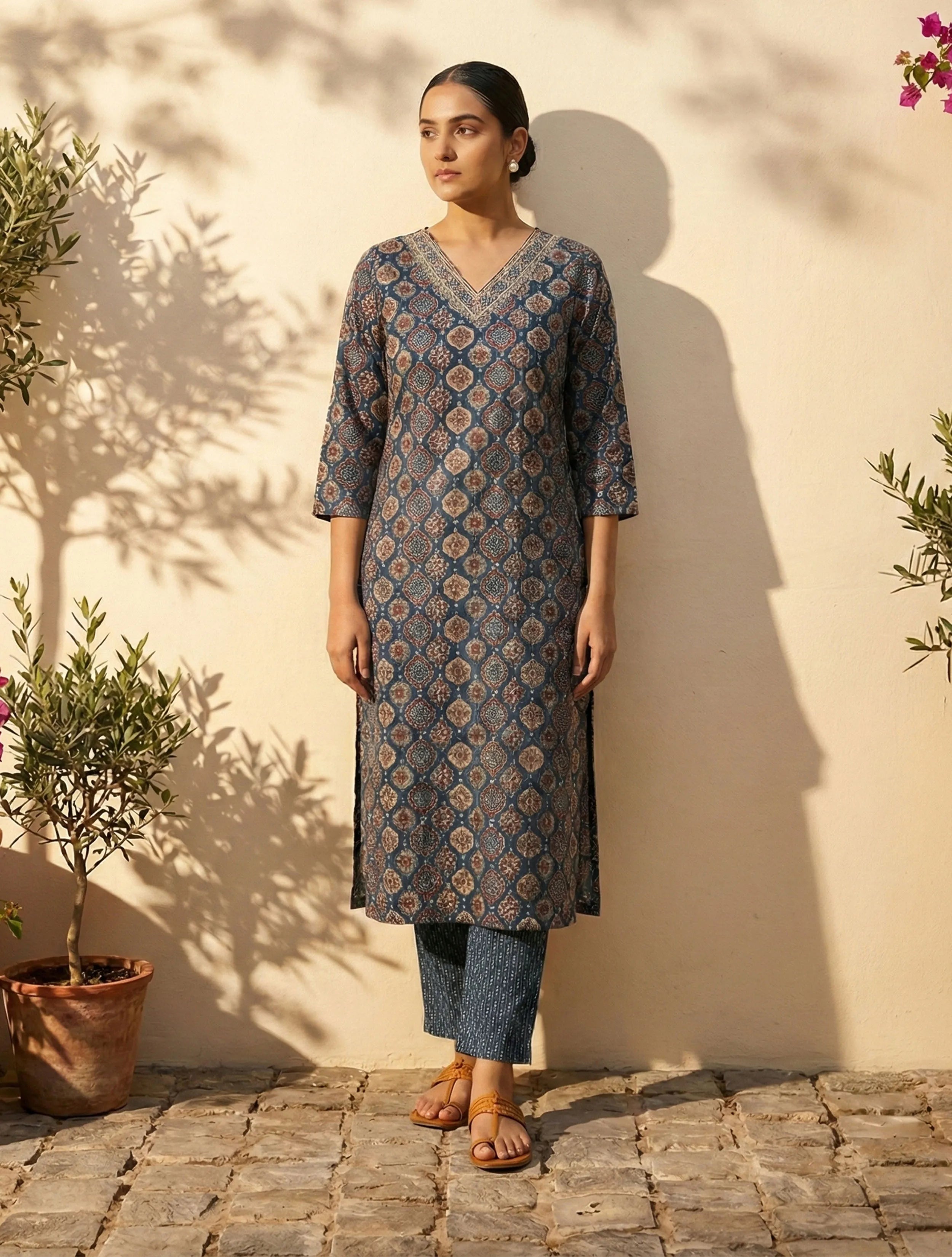trueBrowns Blue Print Embroidered V-Neck Kurta Pant Dupatta Set