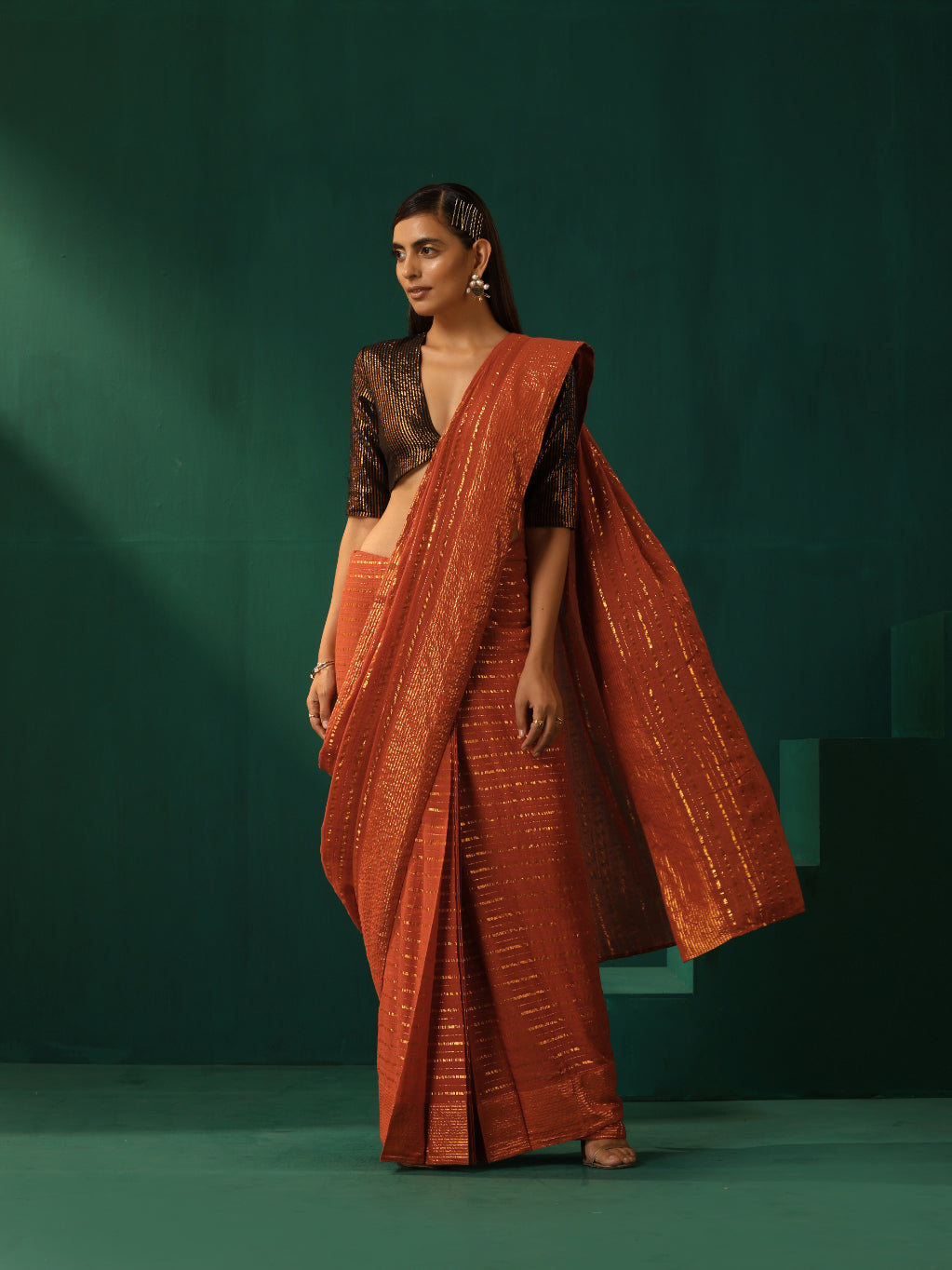 trueBrowns Rust Cotton Gold Striped Saree With Unstitched Blouse