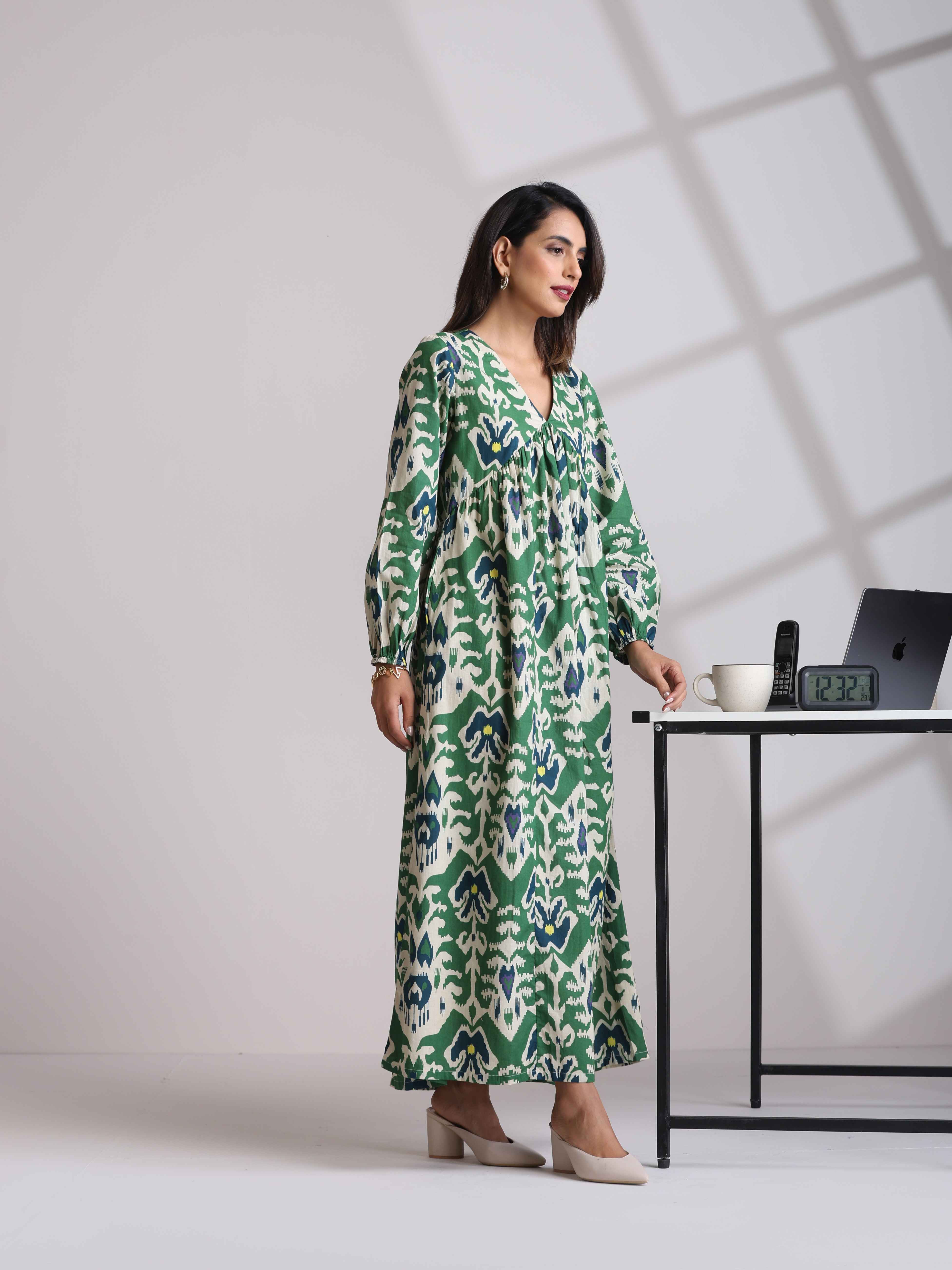 trueBrowns Green Cotton Ikat Flared Dress