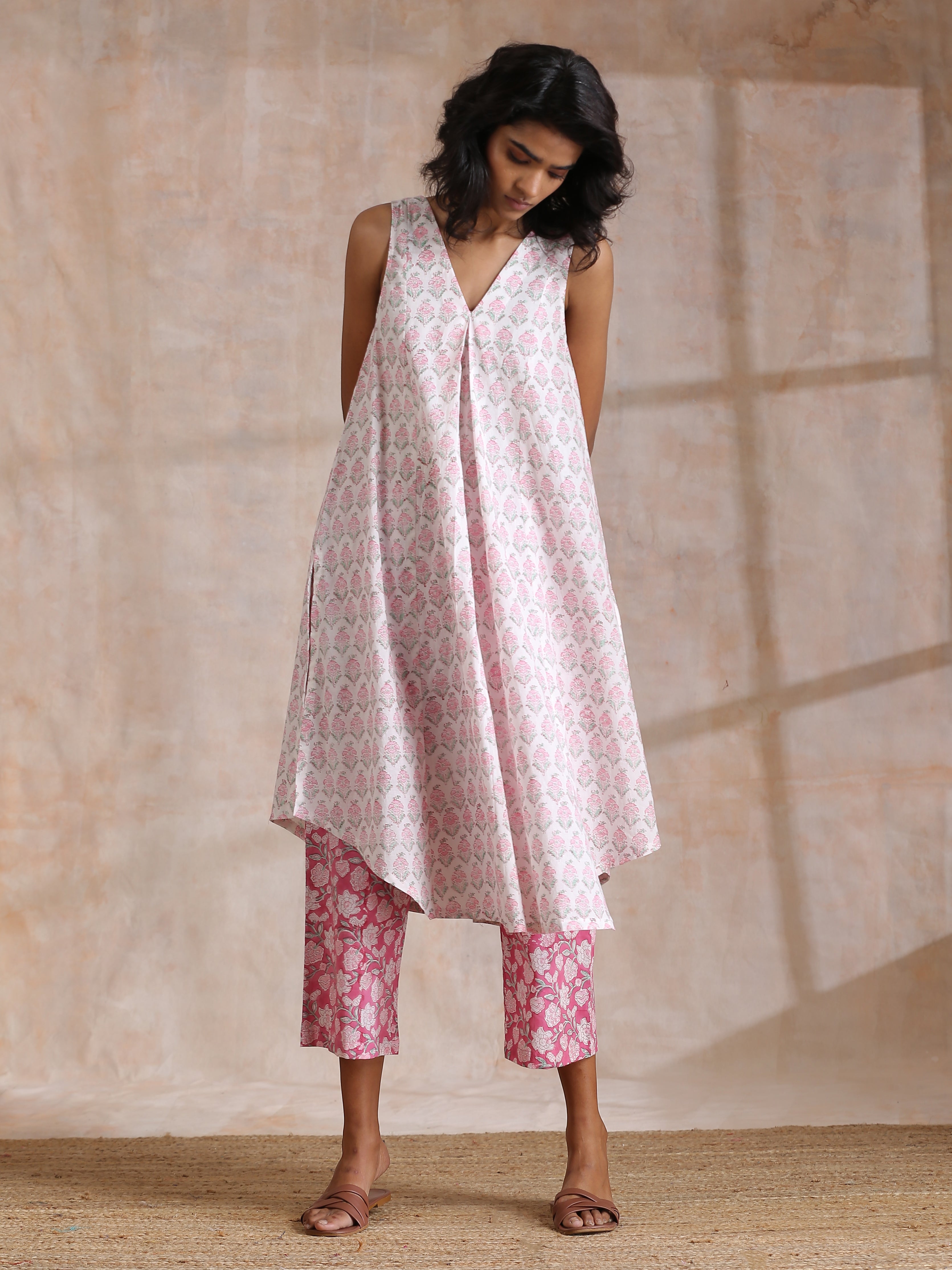 Pink Green Floral On White Block Print Cotton Sleeveless Flared Kurta Pant Set