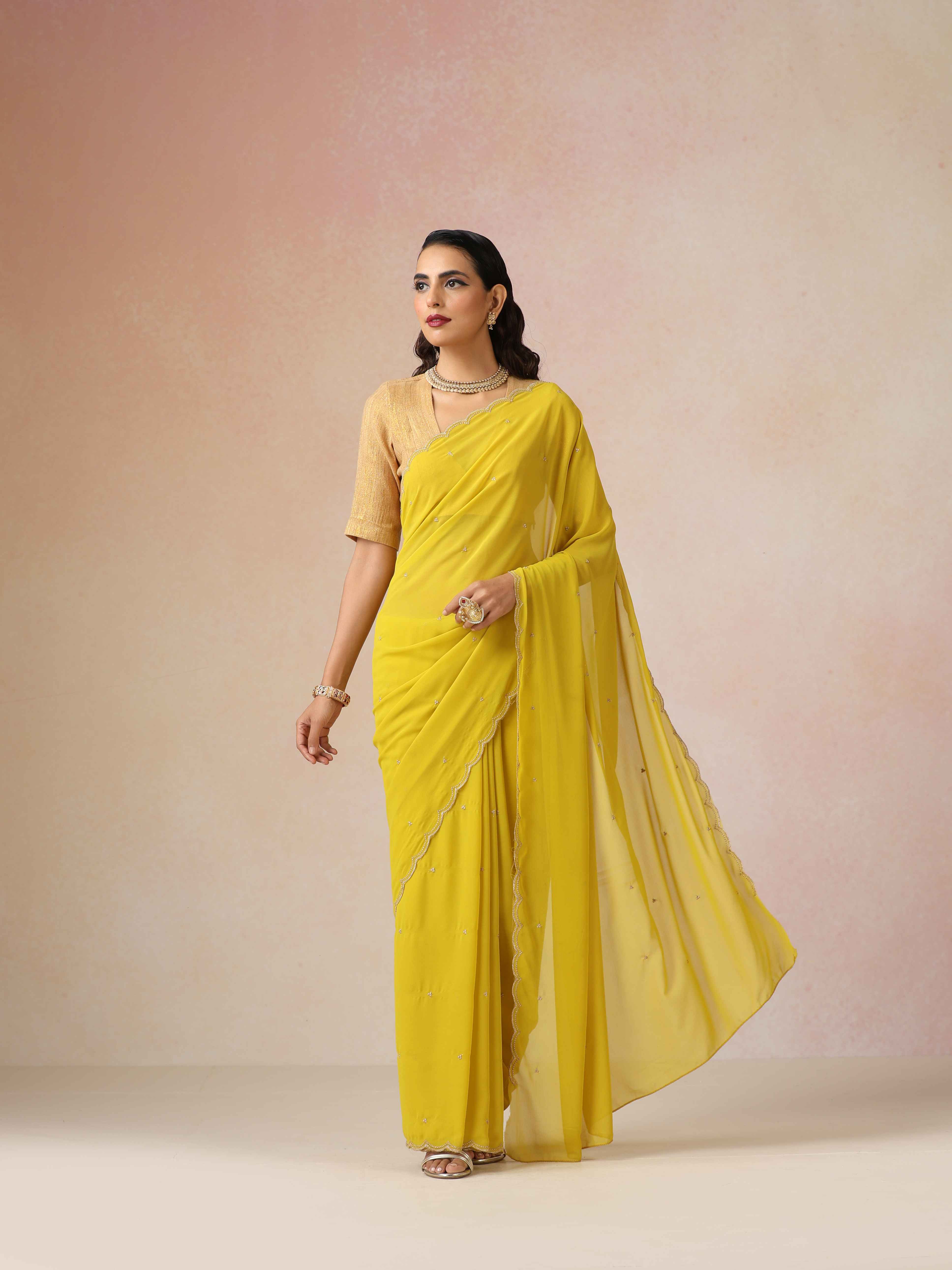 trueBrowns Lime Georgette Embroidered Saree With unstitched Blouse