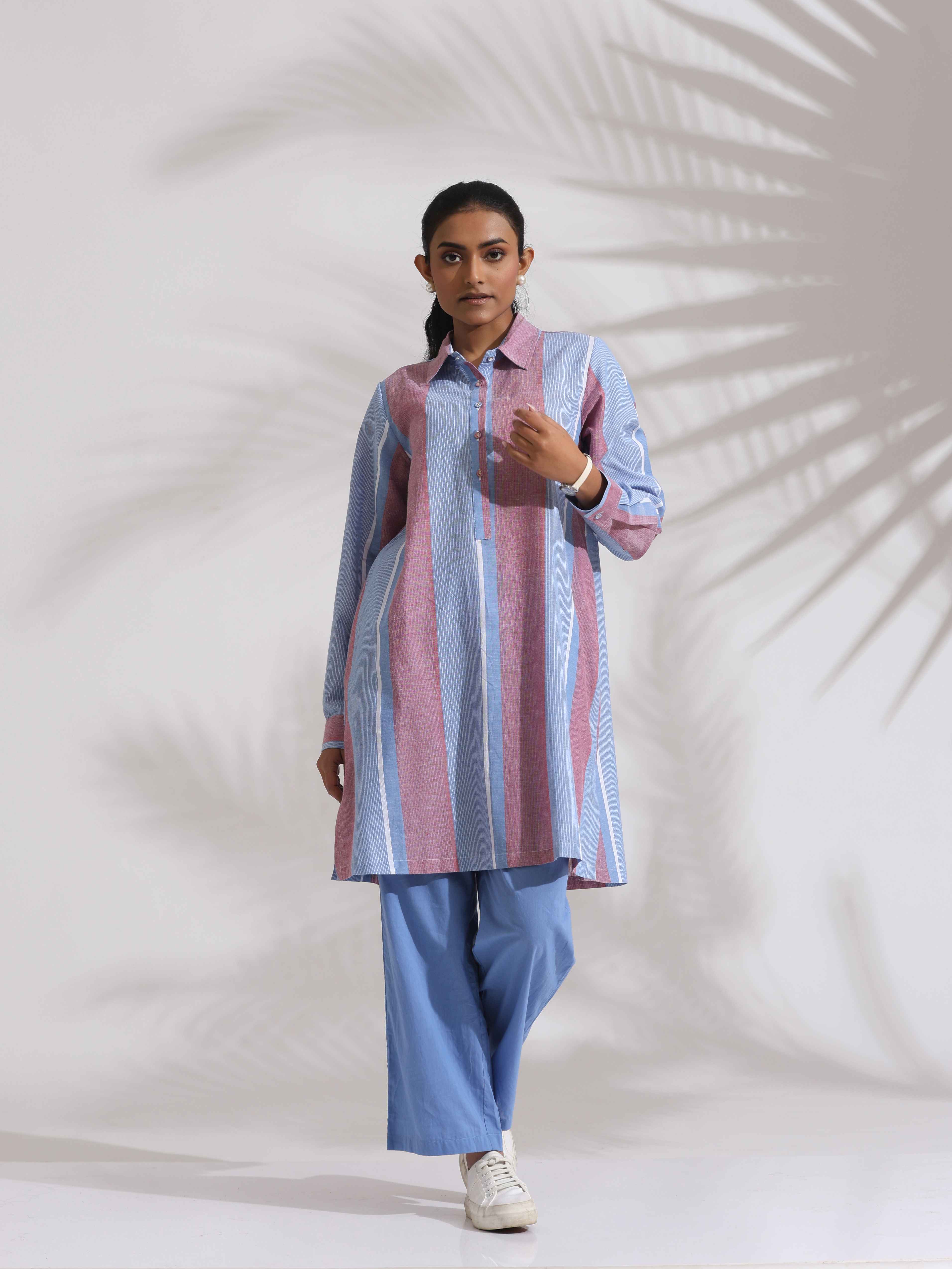 trueBrowns Blue Cotton Stripe Kurta Co-ord Set