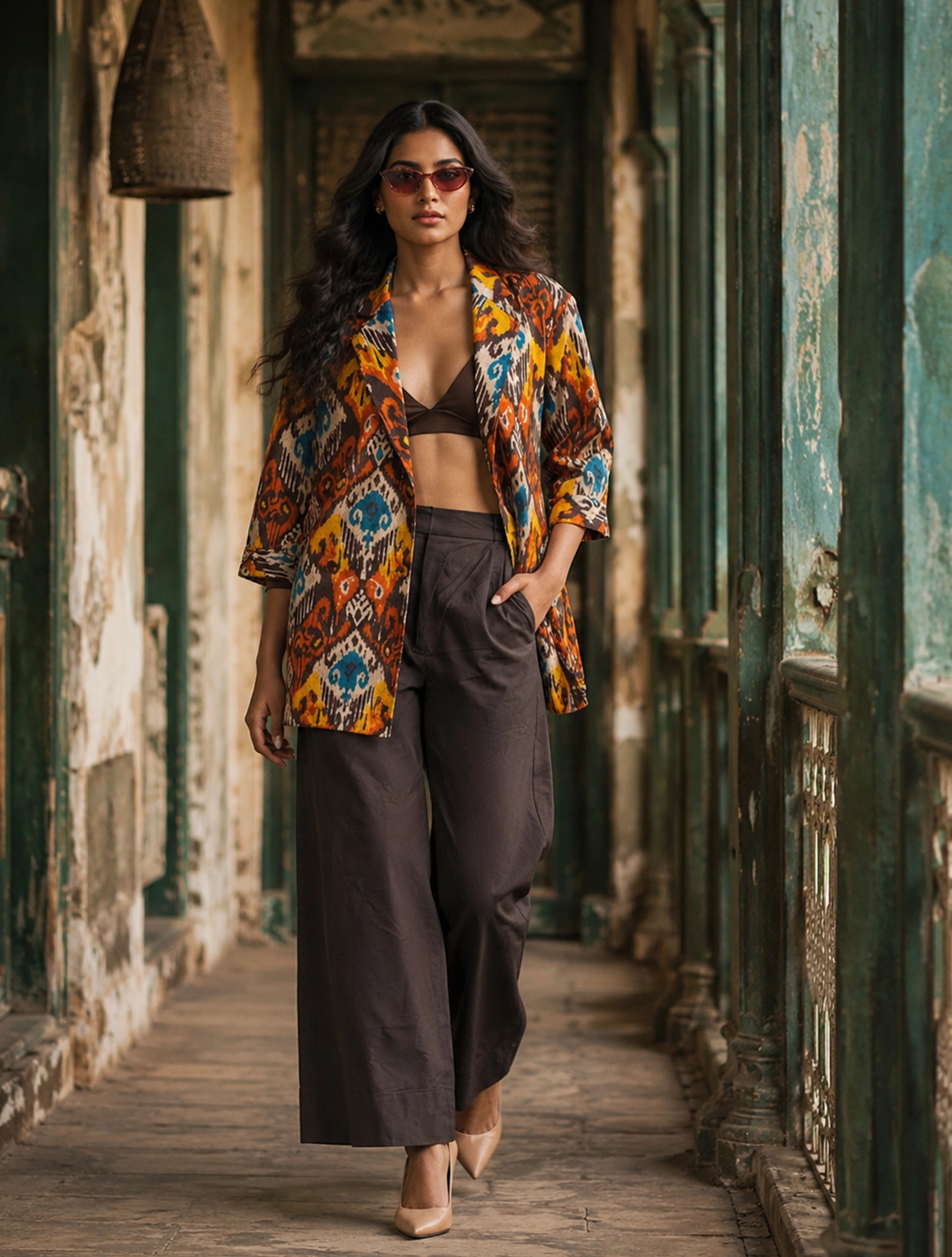 trueBrowns Multicolour Ikat Print Cotton Poplin Blazer Co-Ord Set