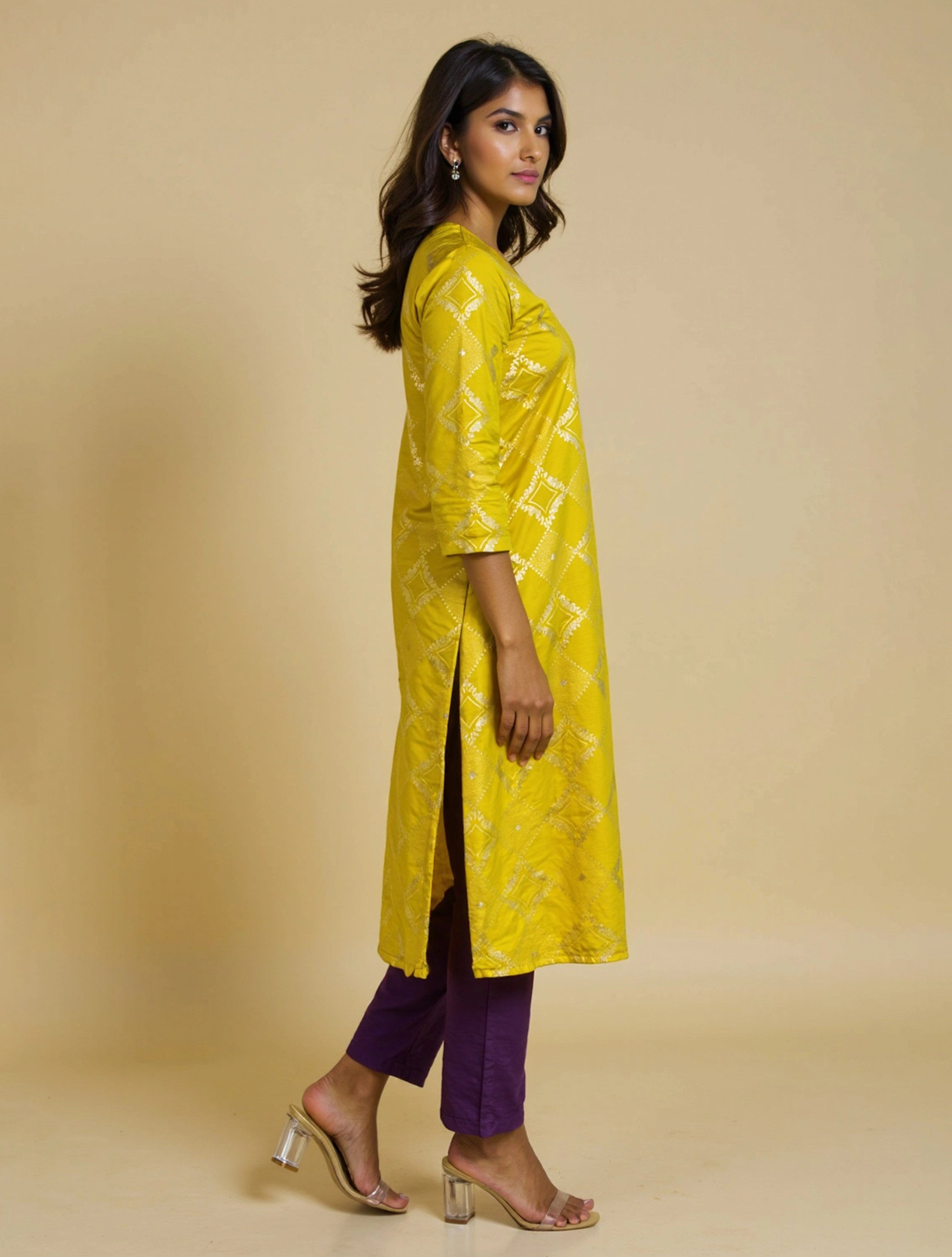 trueBrowns Lime Brocade Angrakha Kurta Set
